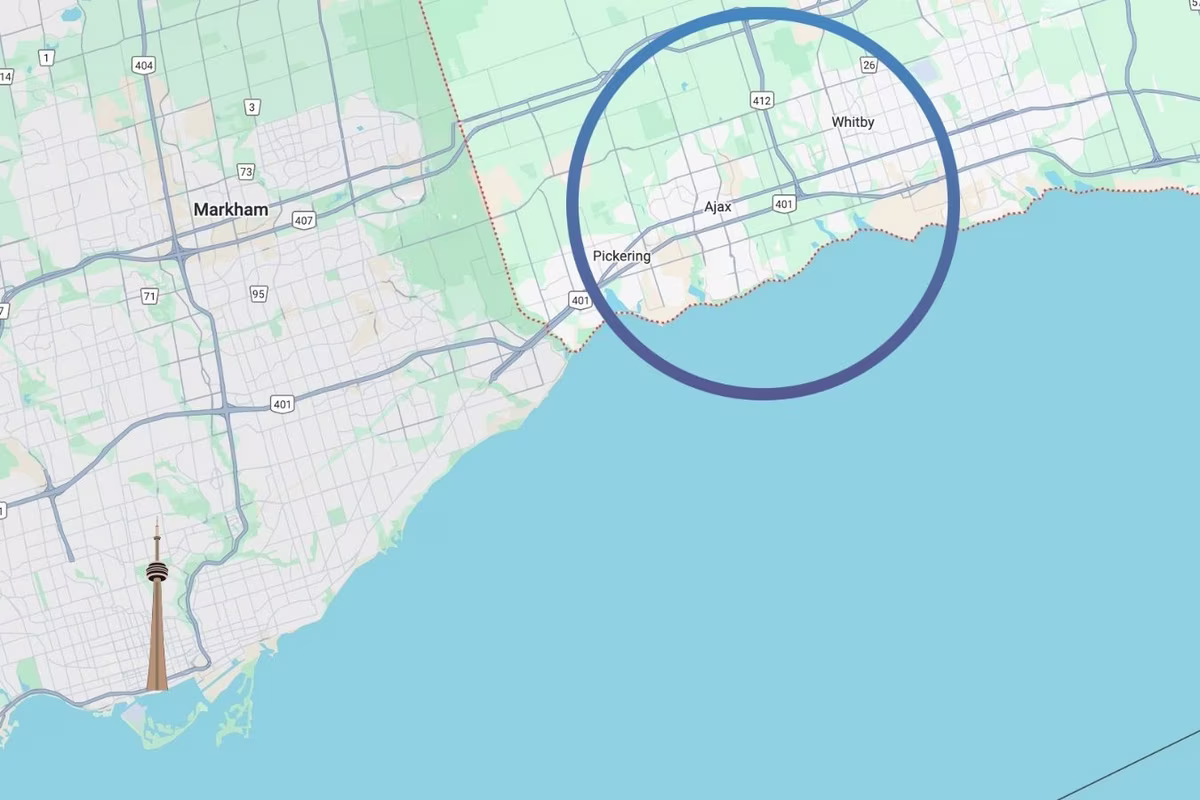 Map highlighting Whitby and Durham Region along the eastern Greater Toronto Area, near Pickering, Ajax and Highway 401