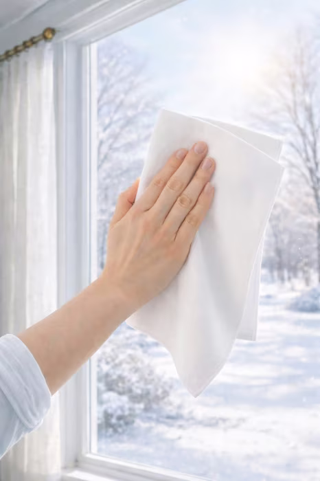 Wiping a frost-cold window clean with a soft cloth, snowy yard visible outside
