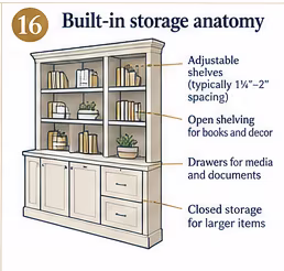 Labeled anatomy of a built-in storage unit: adjustable shelves for books, open shelving for decor, drawers for media and documents, and closed storage for larger items
