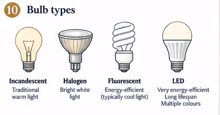 Row of bulb types: incandescent, halogen, fluorescent and LED, with their light quality and efficiency compared