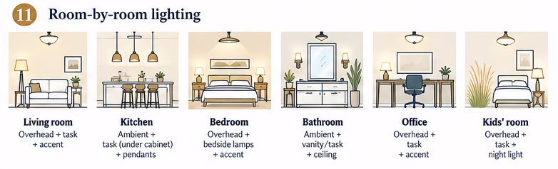Six room vignettes showing recommended lighting layers for the living room, kitchen, bedroom, bathroom, home office and kids' room