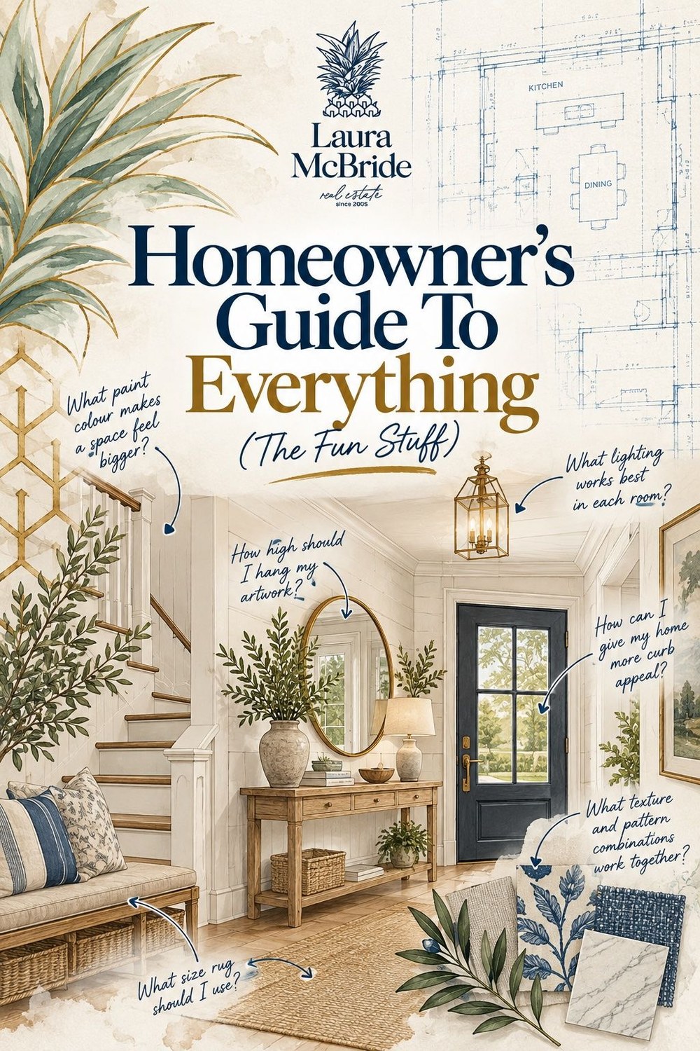 Cover of Laura McBride's Homeowner's Guide to Everything: a welcoming entryway with staging tips called out, rug sizing, art height, lighting, curb appeal and pattern combinations