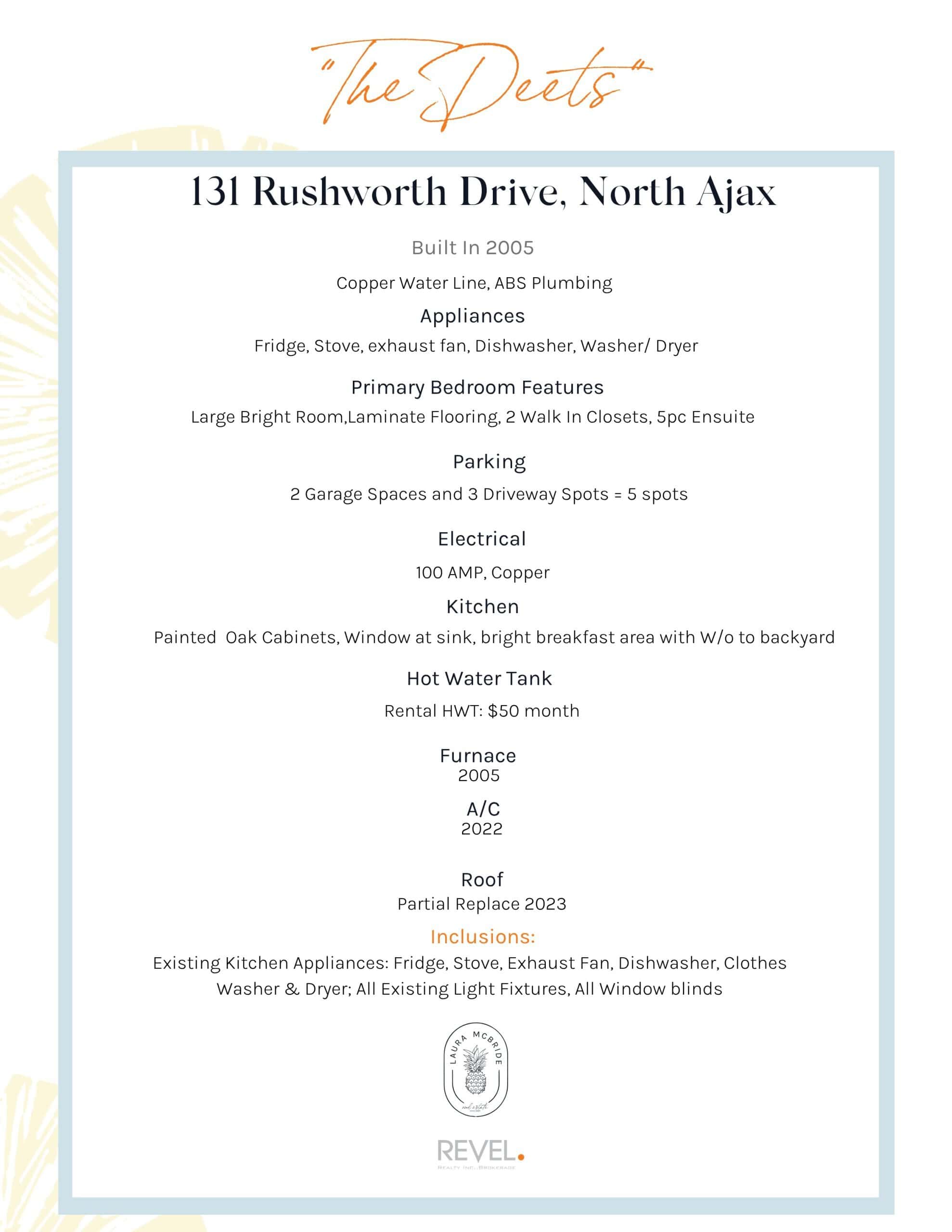 Property details sheet for 131 Rushworth Drive, Ajax, from Laura McBride, Ajax REALTOR® with Revel Realty