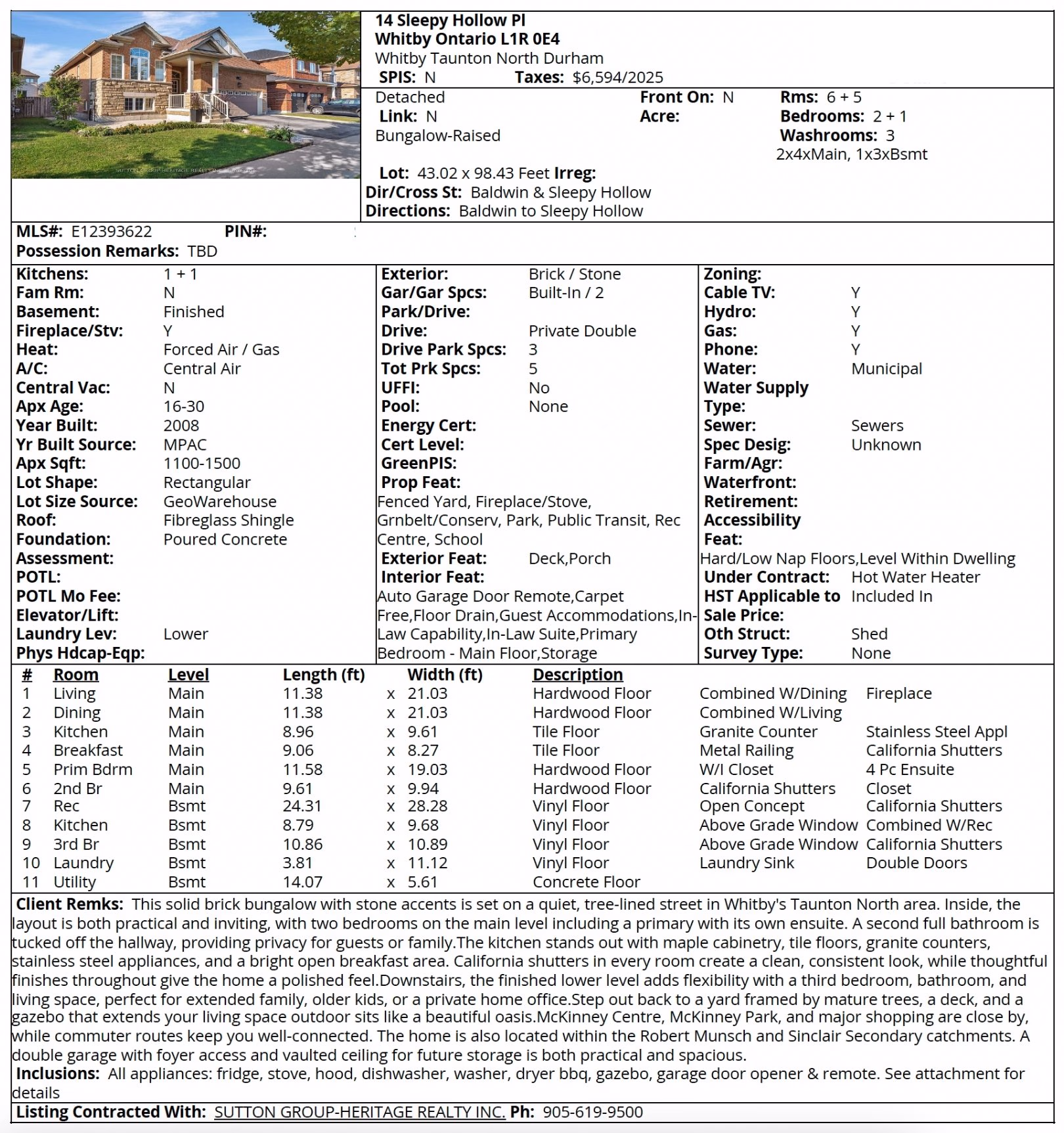 MLS listing sheet for 14 Sleepy Hollow Place, Whitby, a 3-bedroom detached bungalow, listed by Laura McBride, Ajax REALTOR® with Sutton Group-Heritage Realty Inc.