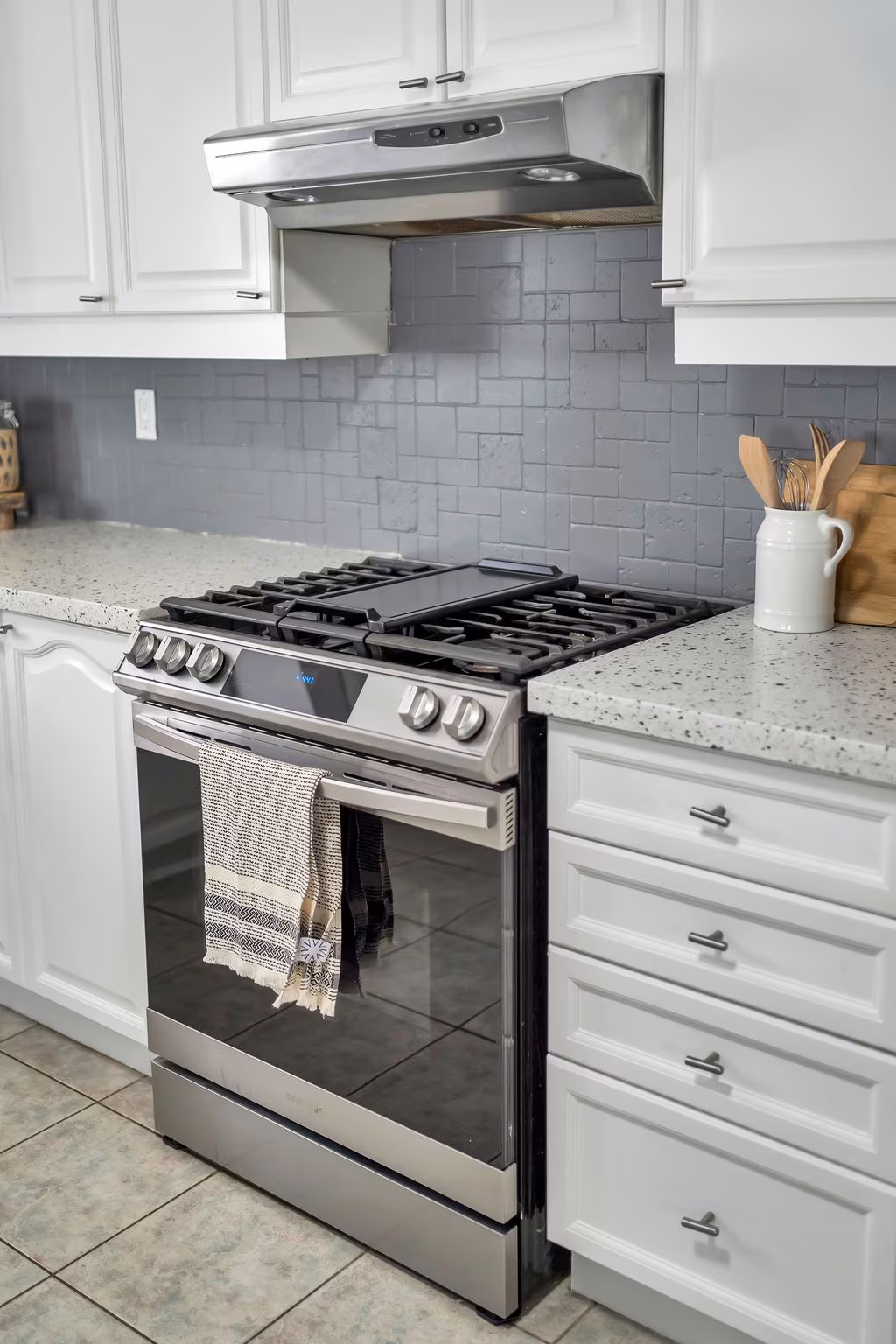 Gas stove detail in the kitchen at 1509 Grandview Street North, Oshawa