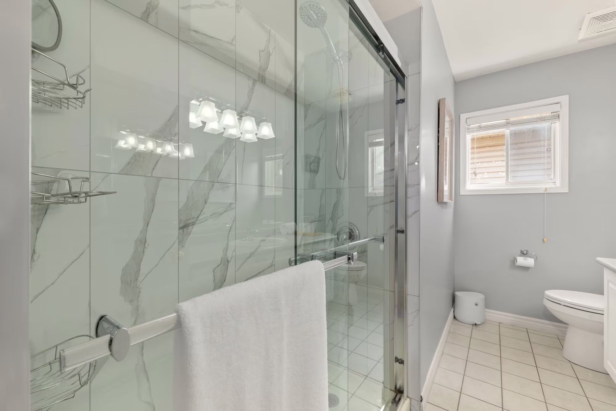 Glass walk-in shower detail in the main bathroom at 1509 Grandview Street North, Oshawa