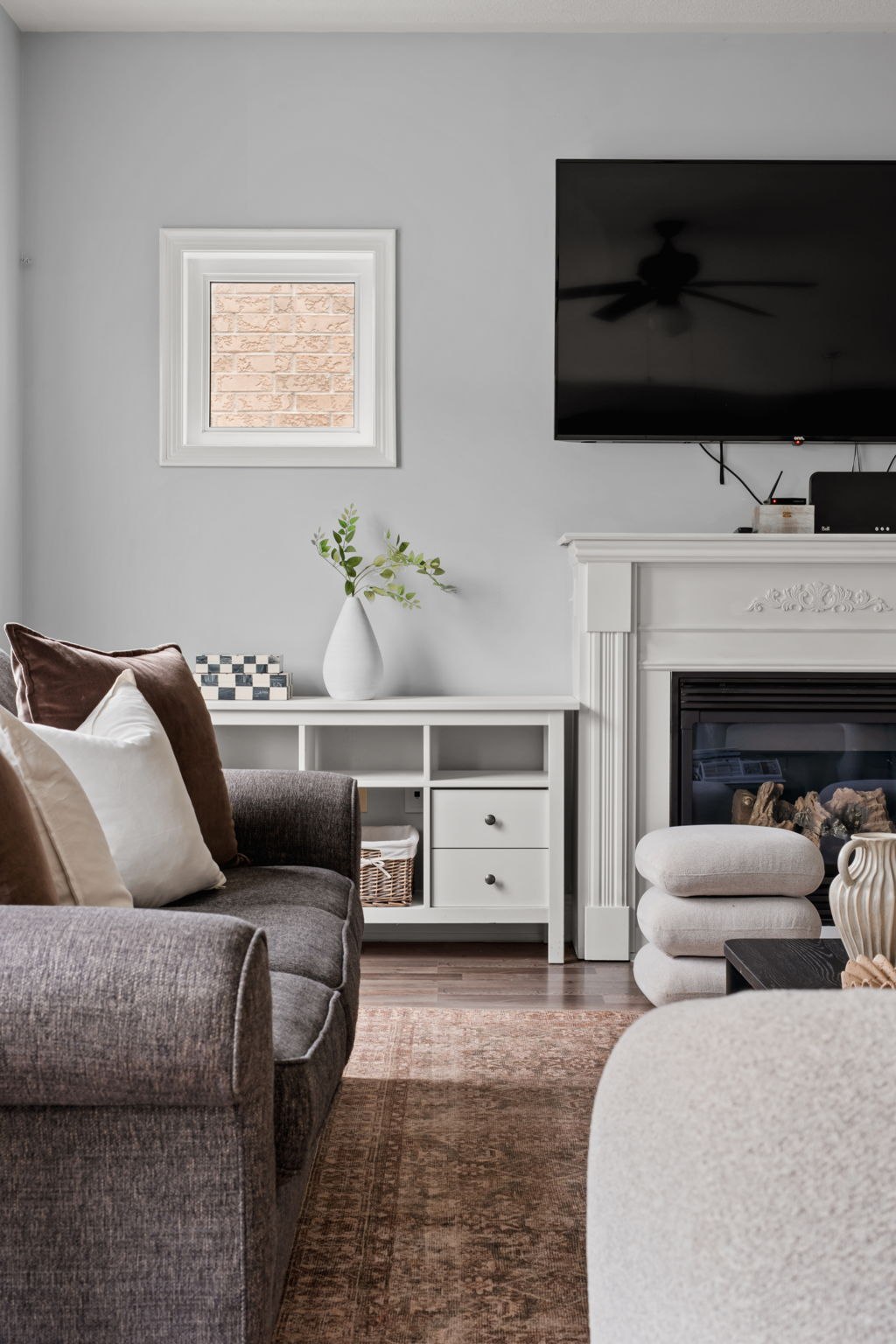 Family room white mantel styling detail at 1683 Finkle Drive, Oshawa