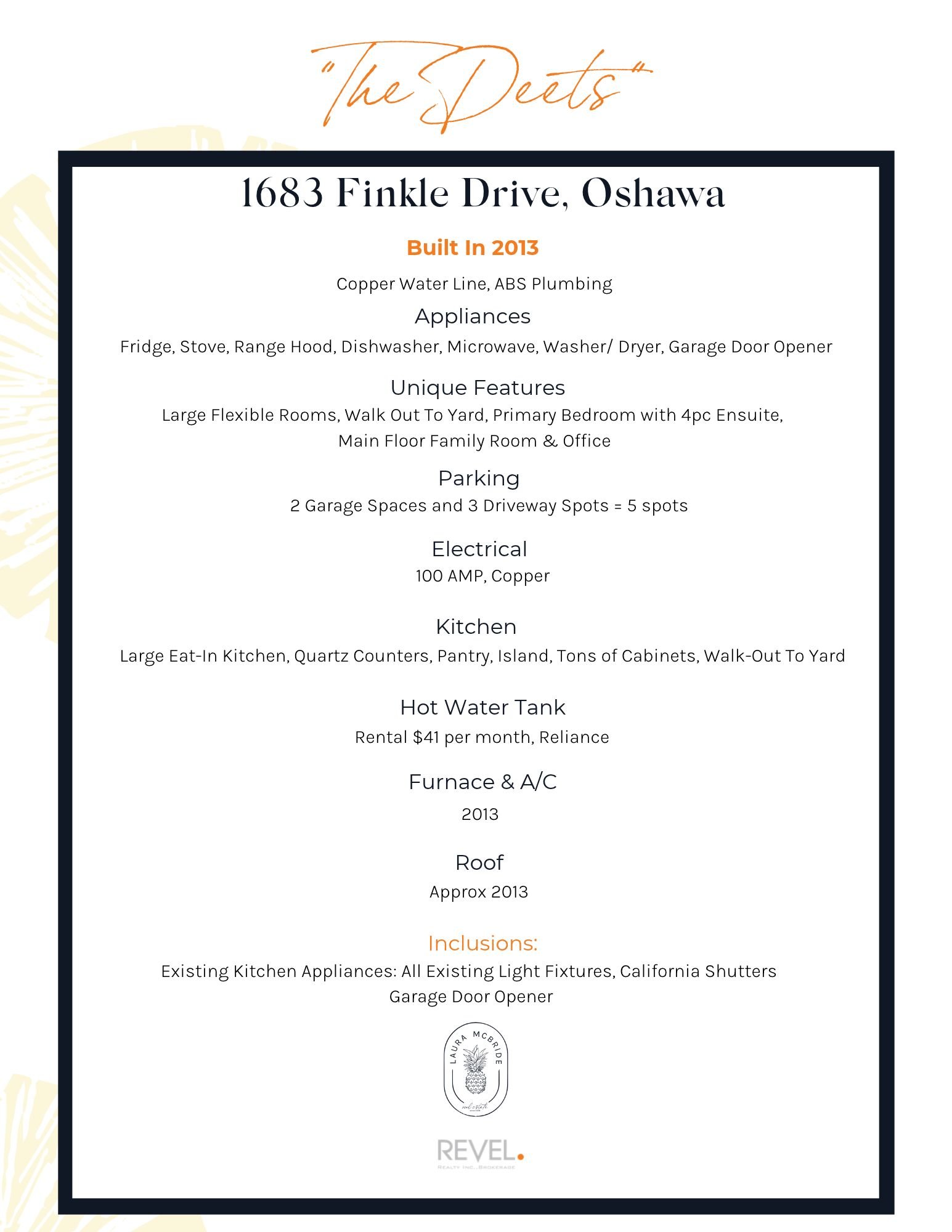 Property details sheet for 1683 Finkle Drive, Oshawa, including appliances, inclusions, parking and mechanicals, from Laura McBride, Ajax REALTOR® with Revel Realty