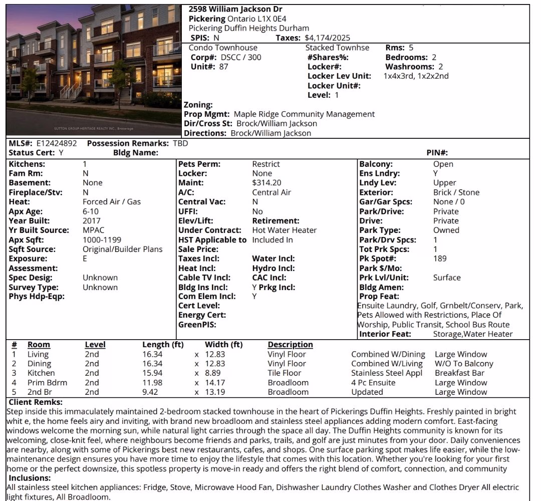 MLS listing sheet for 2598 William Jackson Dr, Pickering, a 2-bedroom stacked townhouse, listed by Laura McBride, Ajax REALTOR® with Sutton Group-Heritage Realty Inc.