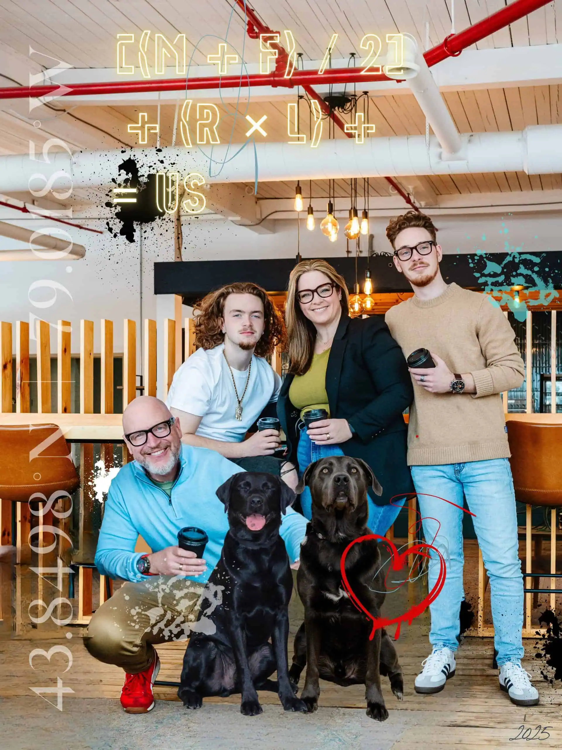 Laura McBride with her husband, two sons and their two Labradors in a casual family portrait at a cafe