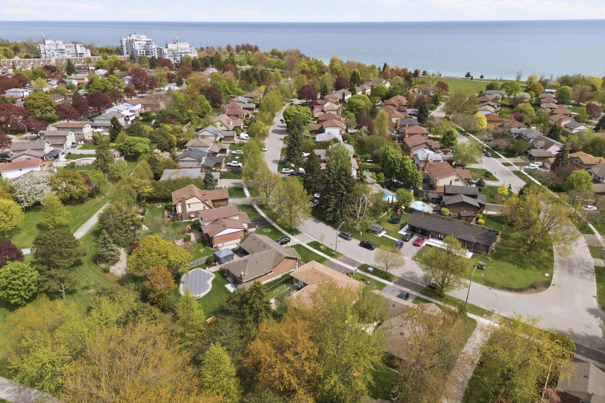 Aerial view of South Ajax's Duffin's Bay neighbourhood with Lake Ontario in the background