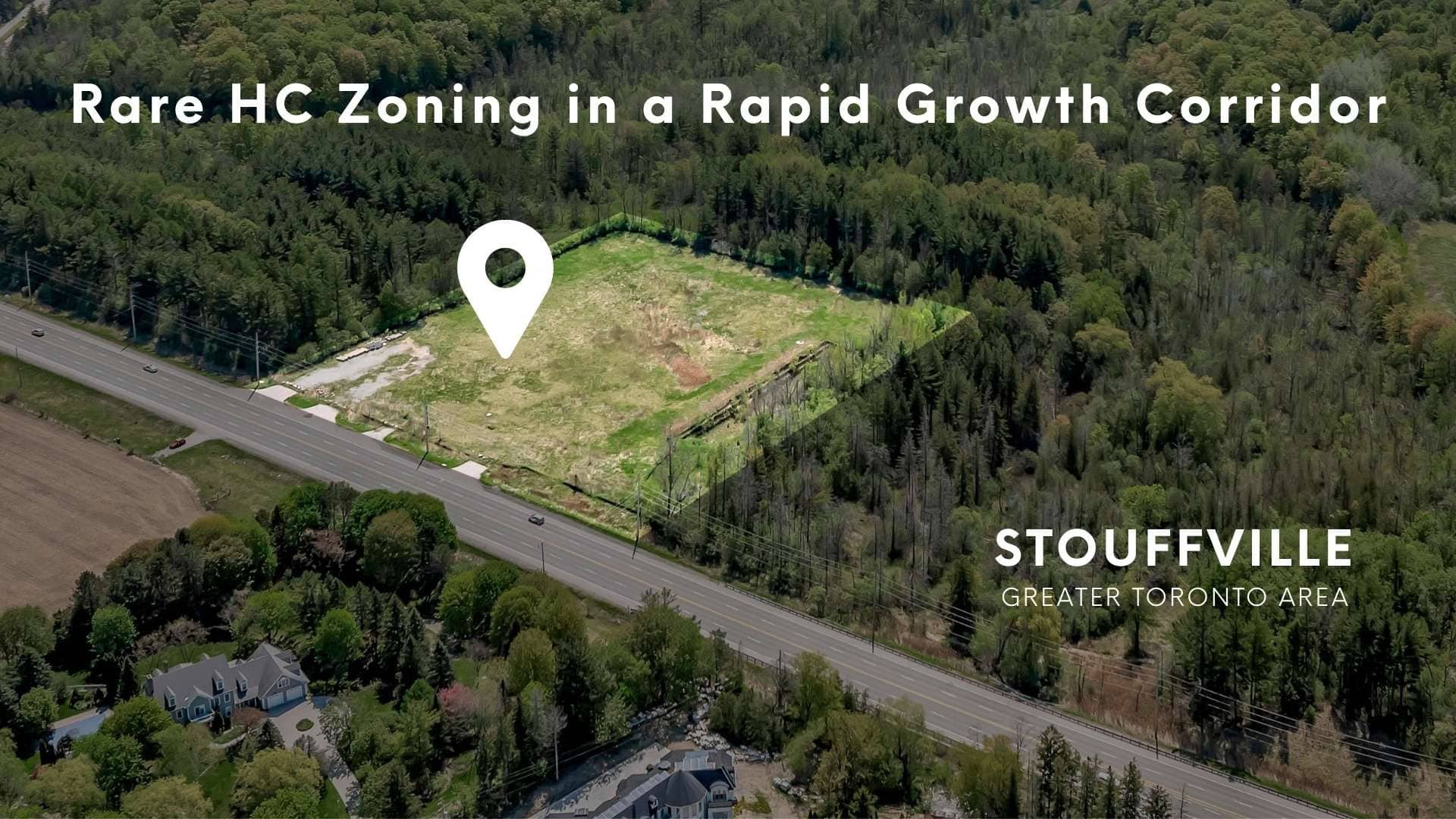 Aerial view of 3187 Stouffville Road, a 4.79-acre Highway Commercial zoned parcel in Whitchurch-Stouffville, York Region, listed by Laura McBride, Ajax REALTOR® with Revel Realty