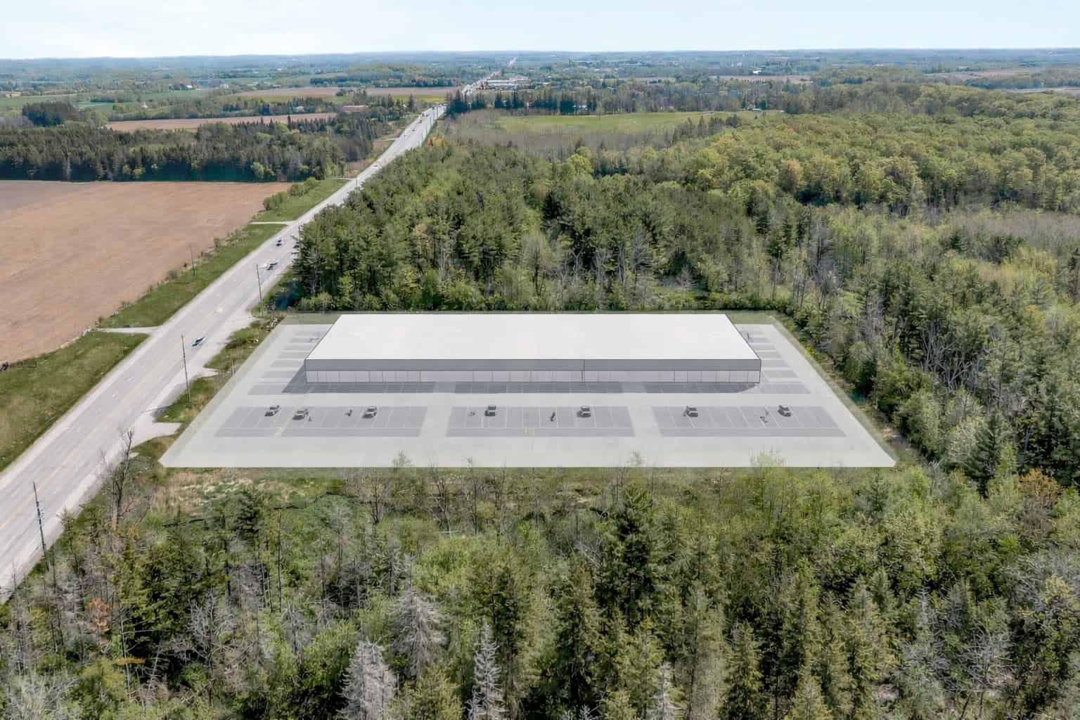 Illustrative massing concept rendering of a single commercial building on the 3187 Stouffville Road parcel, concept only, not an approved or built structure