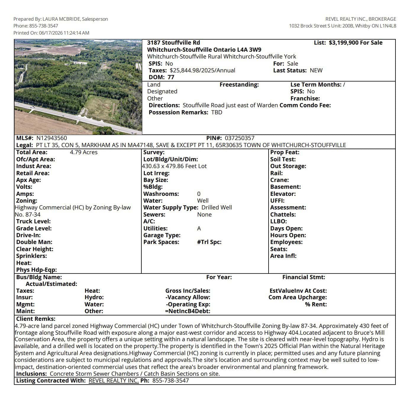 MLS listing sheet for 3187 Stouffville Road, a 4.79-acre Highway Commercial parcel listed for $3,199,900 by Laura McBride, Ajax REALTOR® with Revel Realty