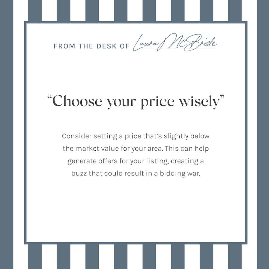 Instagram graphic titled “From the Desk of Laura McBride” with pricing strategy advice for home sellers about choosing a price slightly below market value to generate buzz and offers