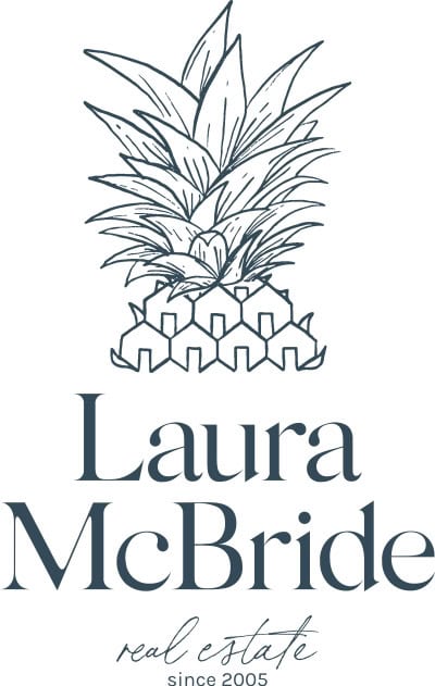 Laura McBride Real Estate logo featuring a hand-drawn pineapple with houses at the base, symbolizing hospitality and home, with text reading “Laura McBride Real Estate since 2005.