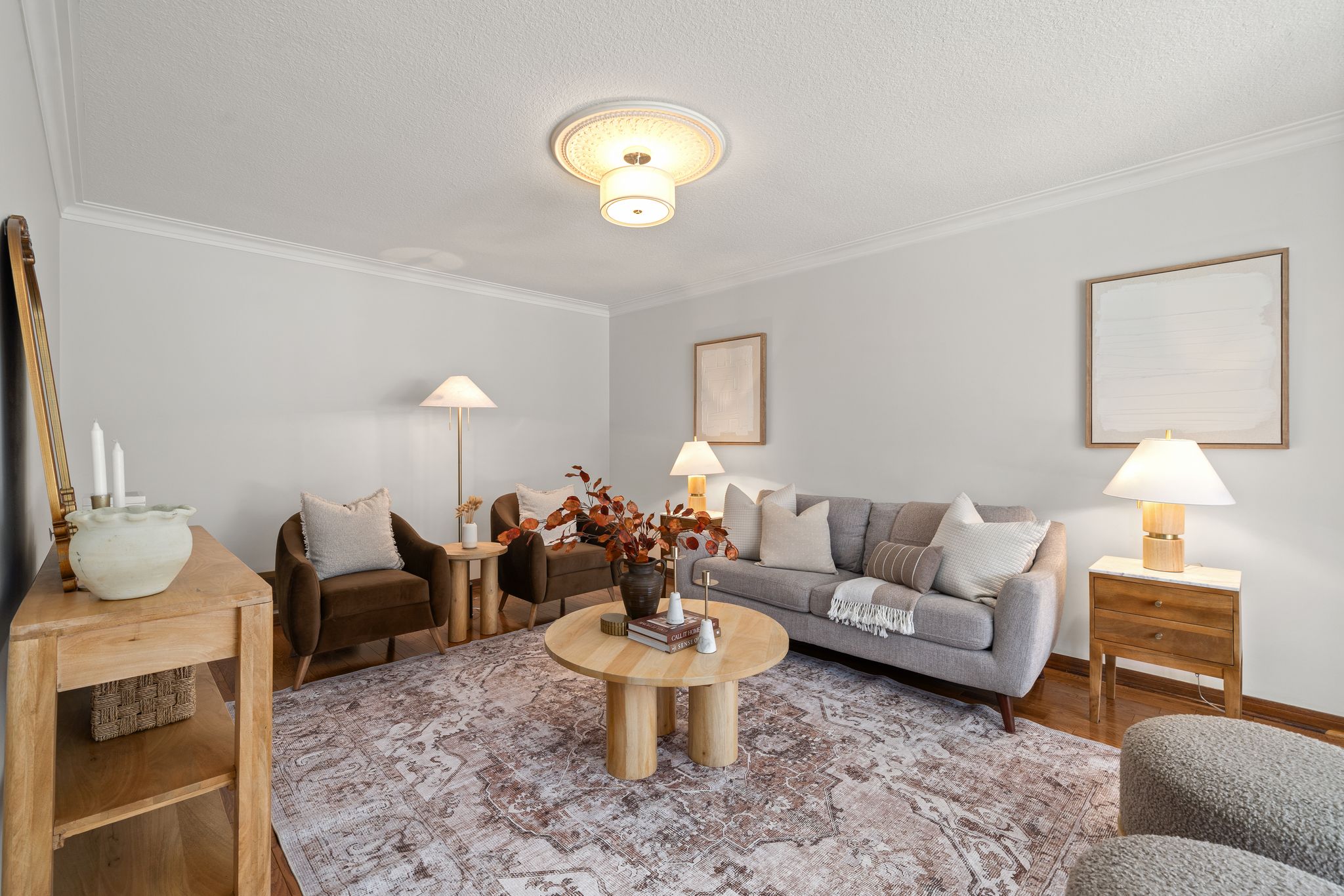 38A Deep Dene formal living room with crown moulding and updated lighting.