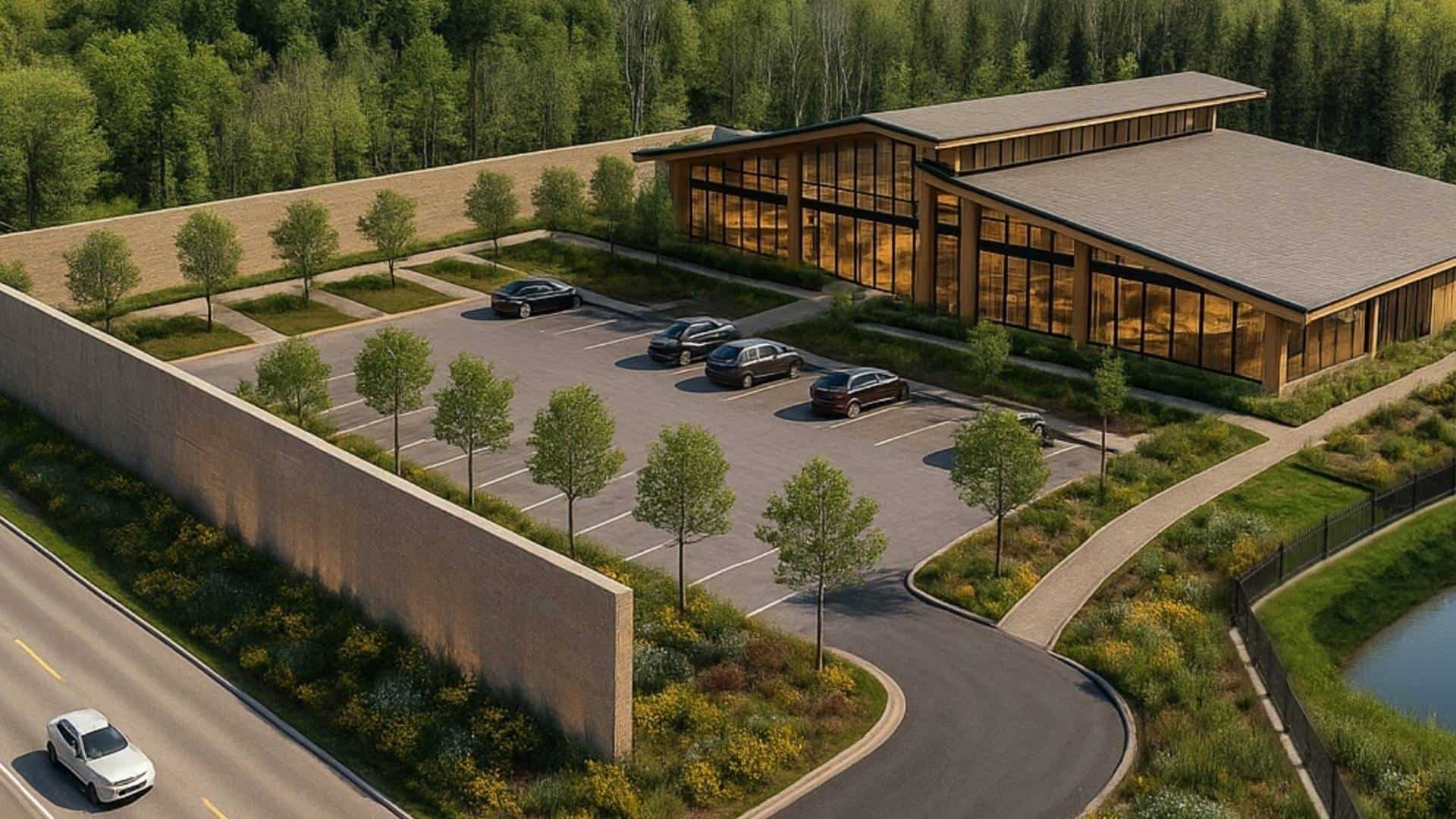 Aerial view of a 3187 Stouffville Road development concept with glass walls, surrounded by forest, native landscaping, a parking lot, and a curved driveway from a main road.