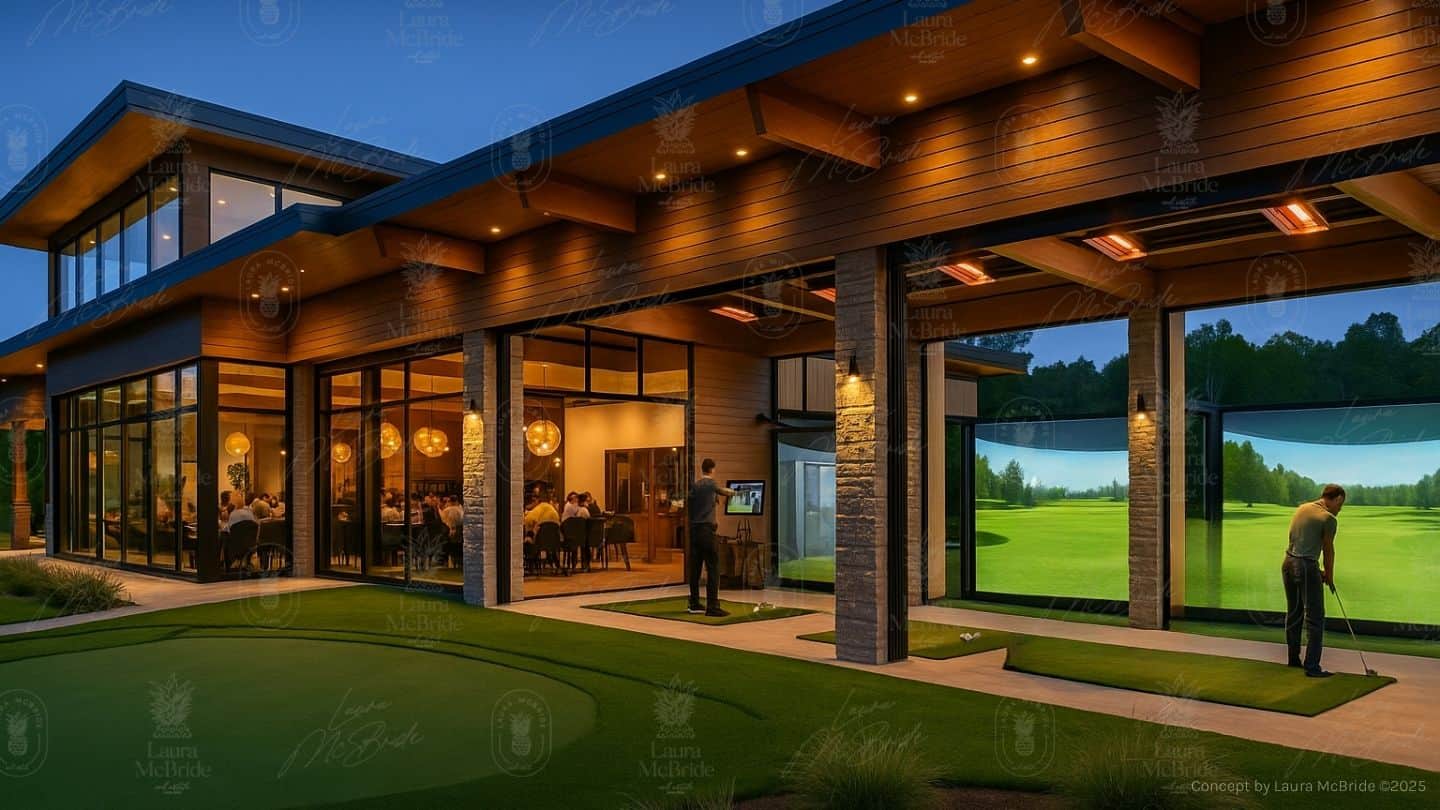Evening view of a modern 4 season experiential golf centre with indoor-outdoor simulators, putting greens, and a full dining lounge visible through large glass windows.