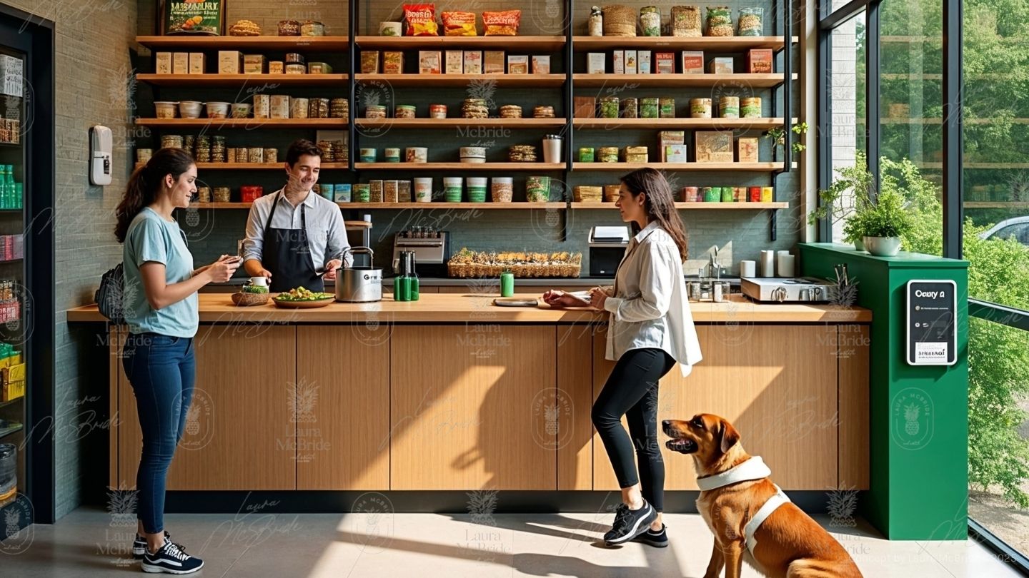 Modern forest-side convenience store with natural light, wooden shelving, green tile counters, and a dog in sunglasses at the counter with customers.