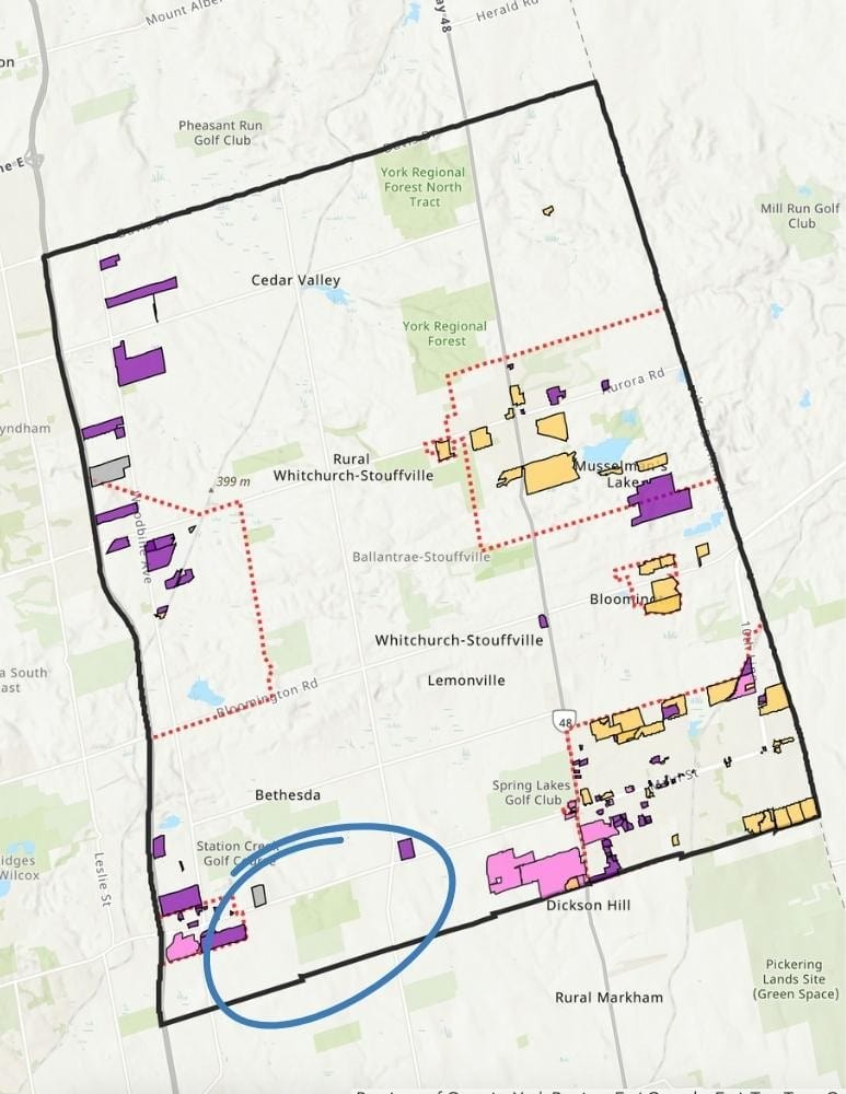 Map of Whitchurch-Stouffville showing development zones, with the area near 3187 Stouffville Road circled in blue.