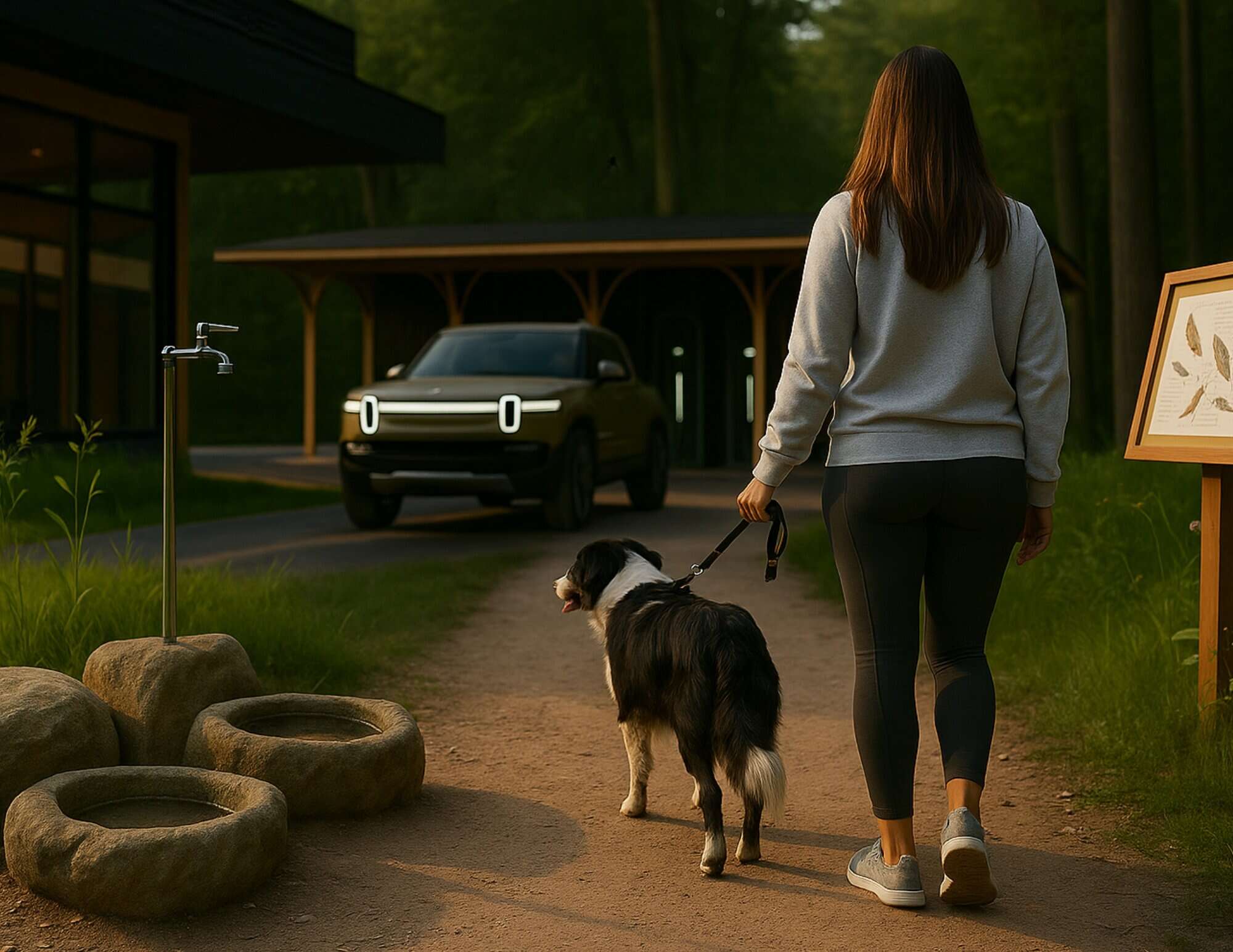 Woman walking a dog past a Rivian electric vehicle at a modern forest-lined service station with stone dog water basins and educational signage.