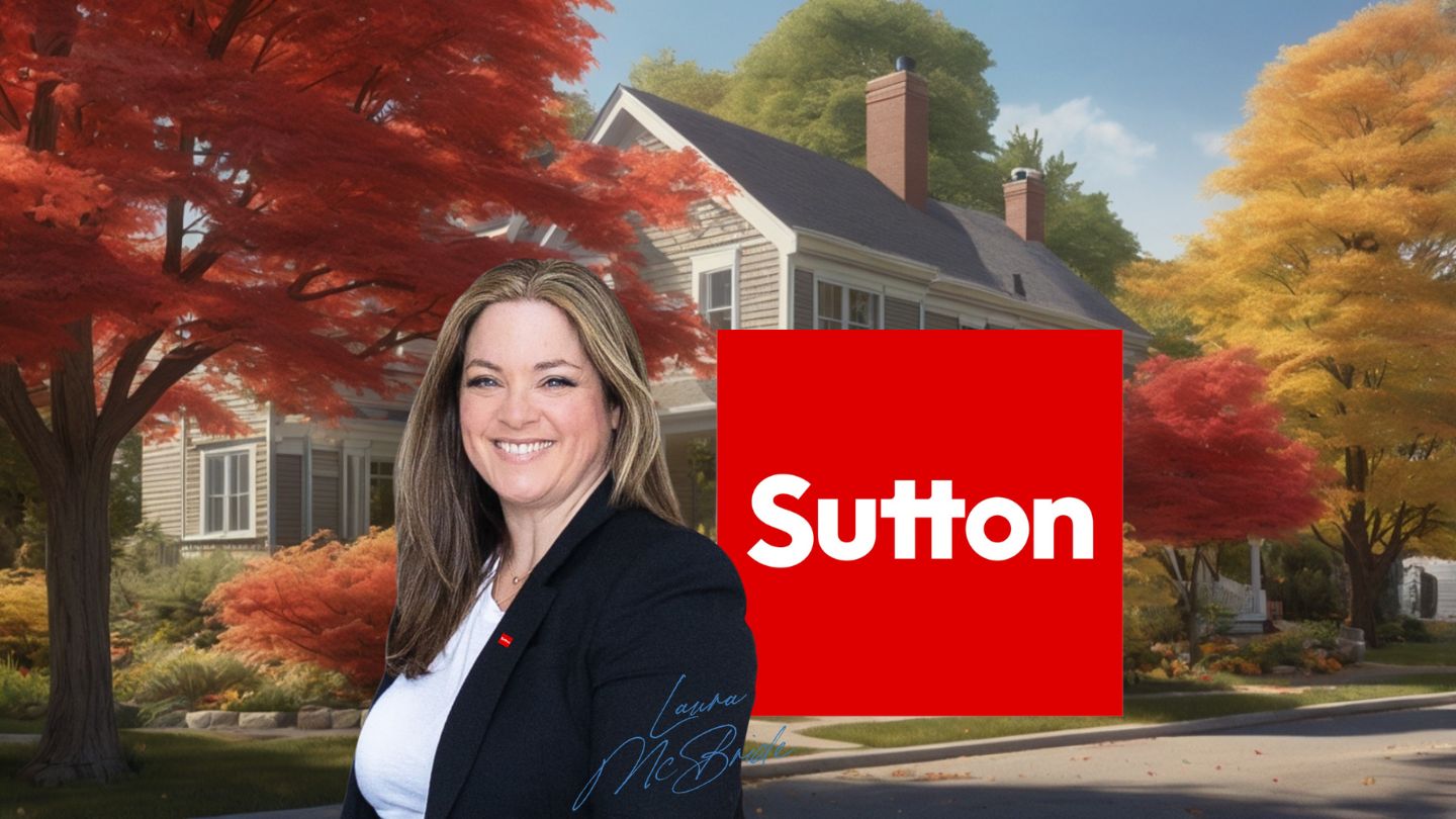 Laura McBride Realtor with Sutton Logo in front of a mature home with large trees