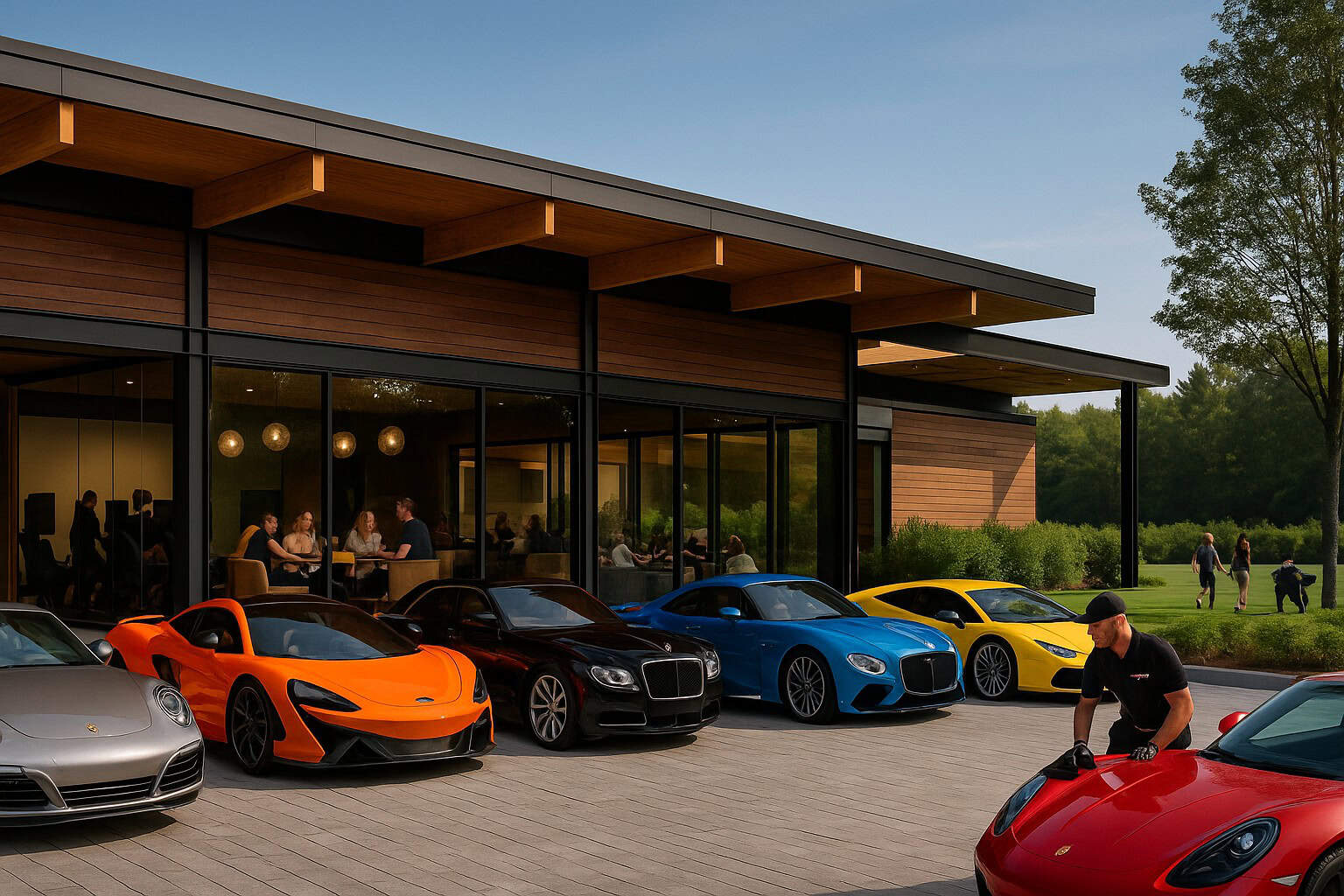 Modern wood-and-glass clubhouse with a lineup of luxury sports cars parked outside, while guests dine and socialize inside.