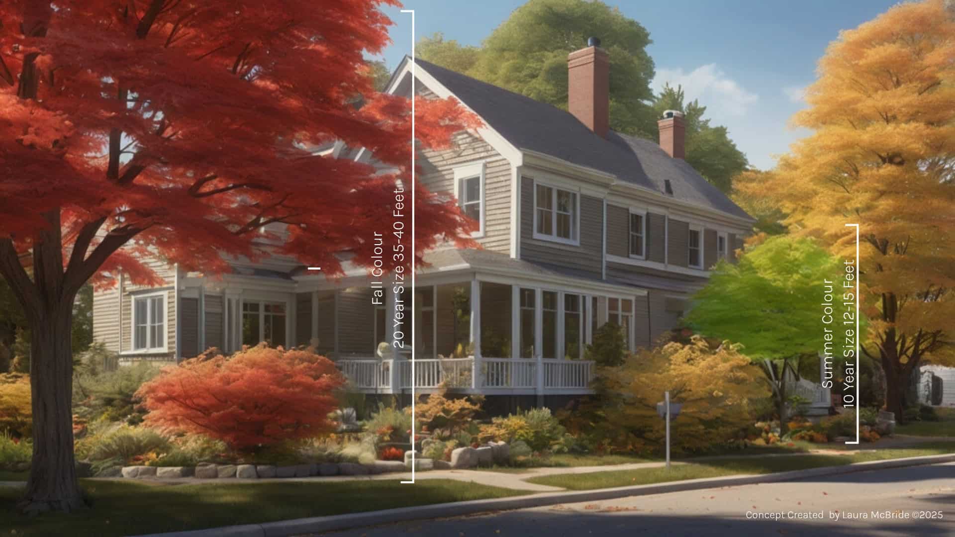 Red maple tree in front of a house showing summer and fall colour stages with size projections; part of the Sutton Red Maple Tree Campaign.