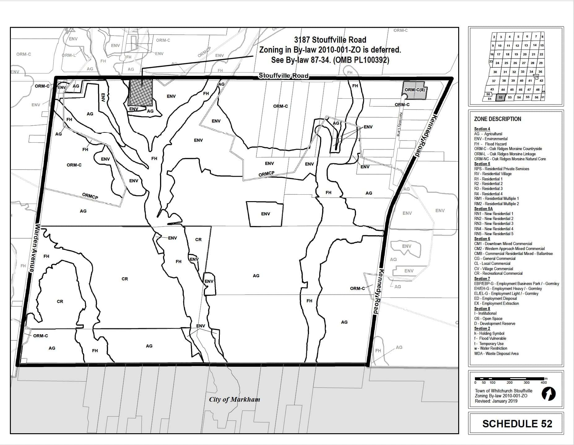 Zoning map showing 3187 Stouffville Road and surrounding parcels, with HC zoning designation deferred under By-law 2010-001-ZO and governed by By-law 87-34.