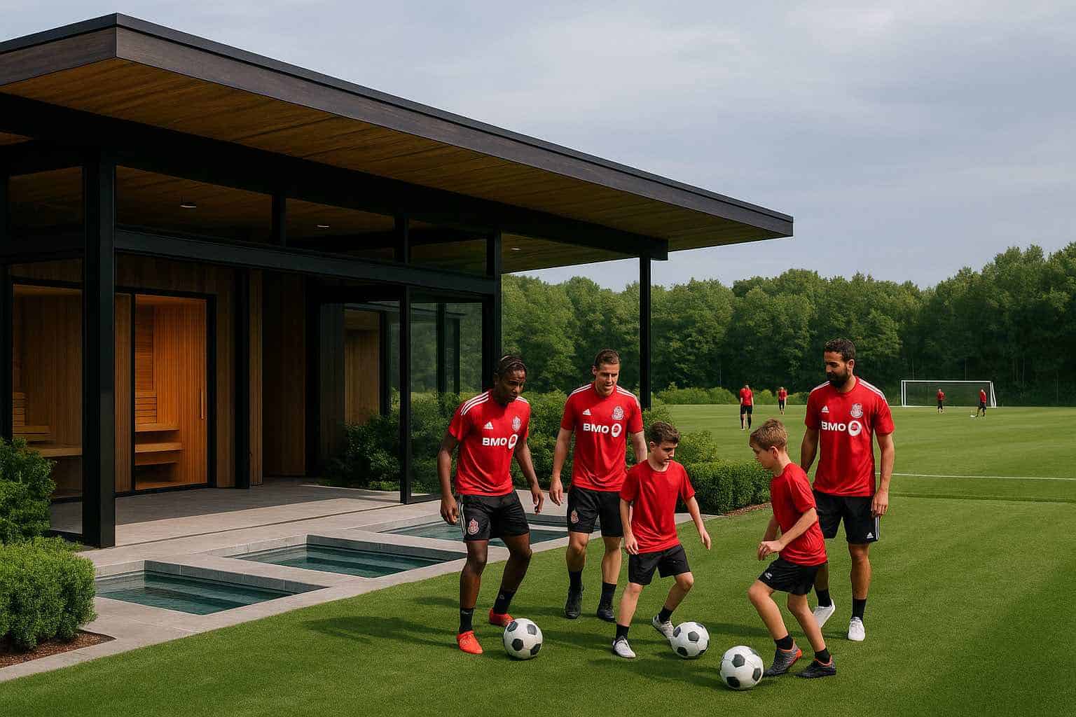 Professional soccer players and youth athletes train on a manicured pitch outside a modern wood-and-glass recovery pavilion with hot and cold plunge pools.