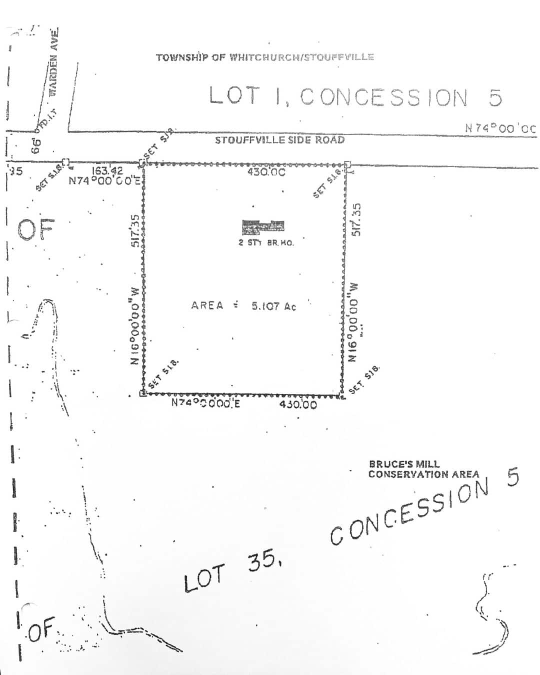 Old survey map of 3187 Stouffville Rd showing acres with previous building footprint and lot boundaries