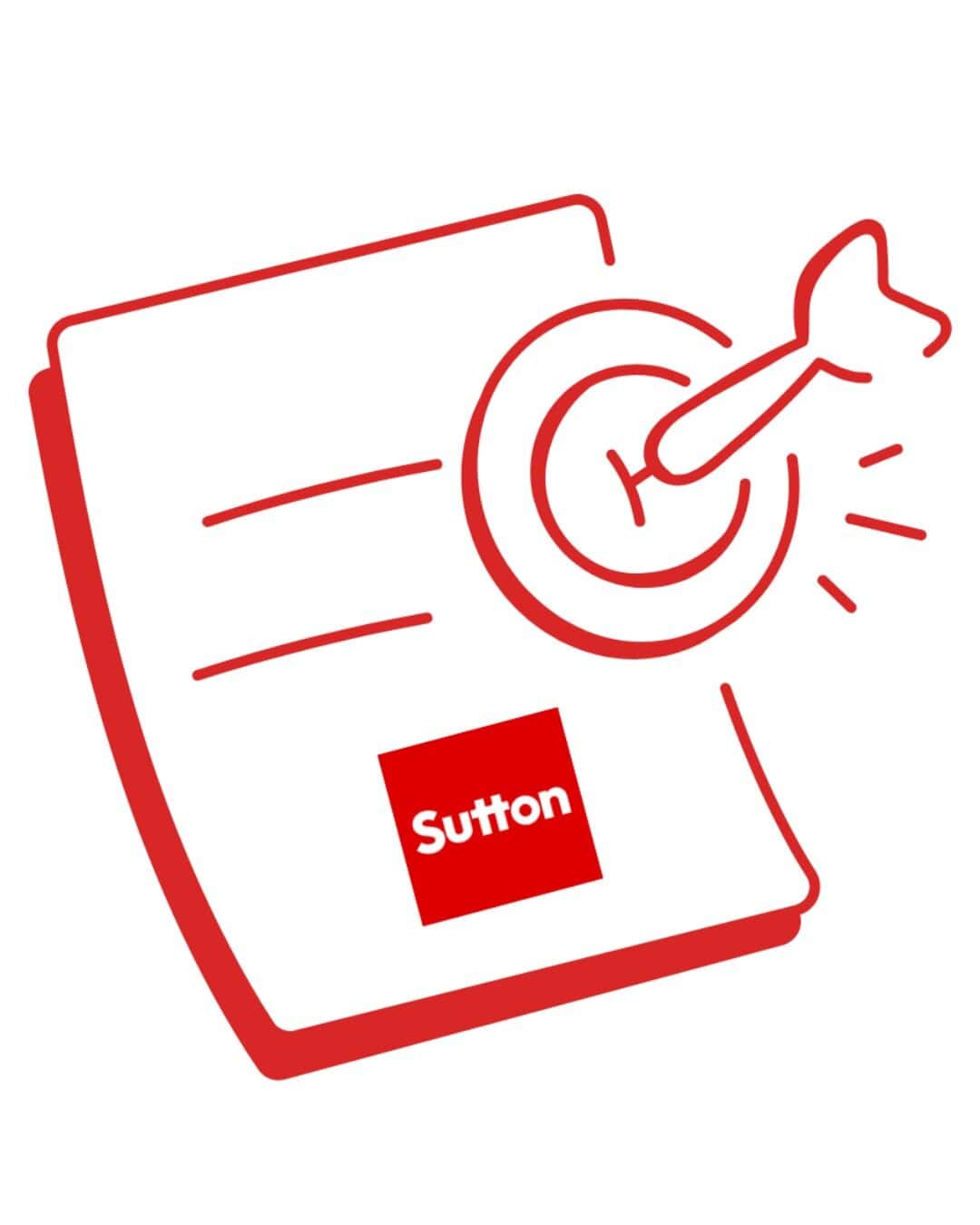 Red and white illustrated icon of a target with a key hitting the center, overlaid on a document with the Sutton logo.