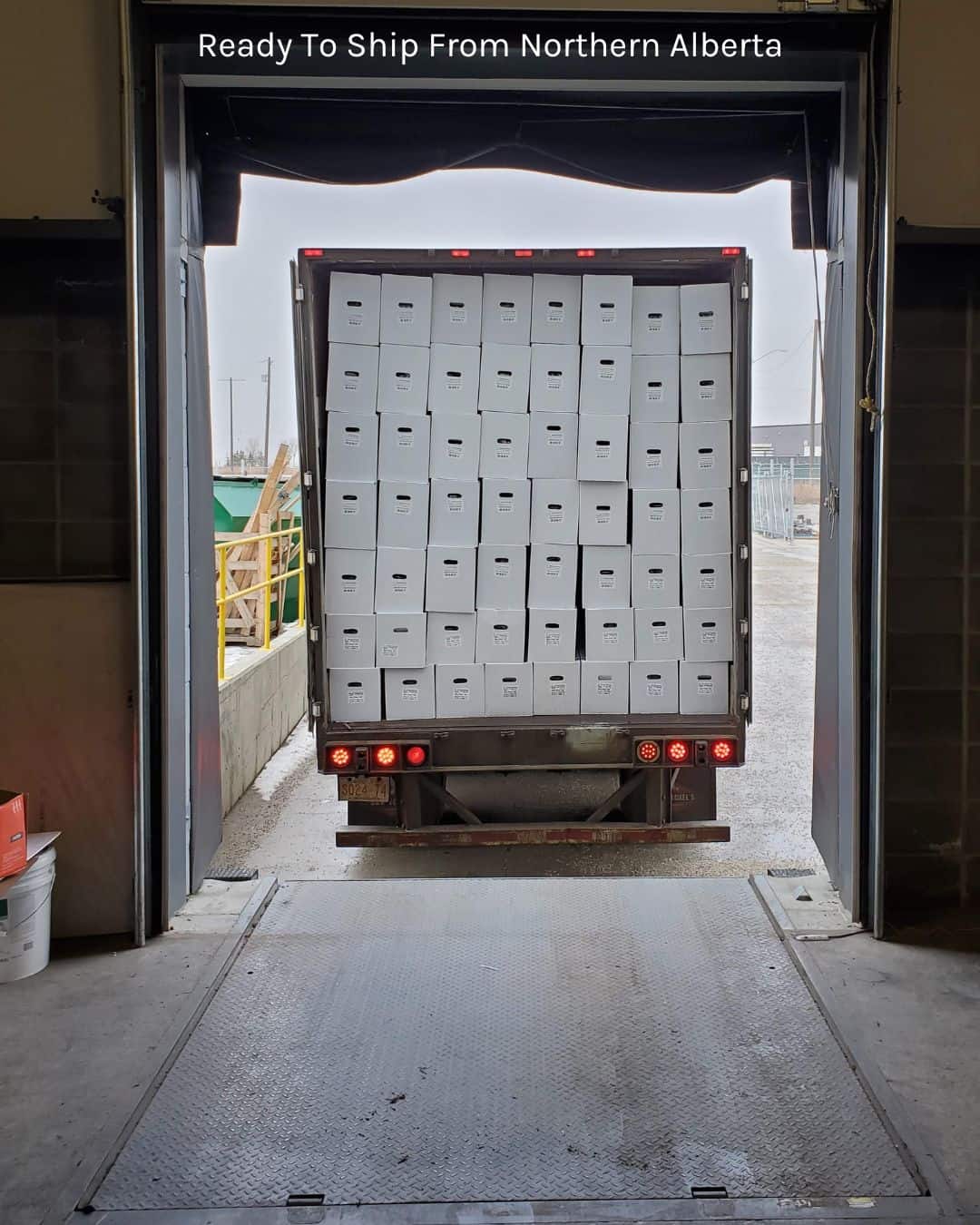 A truck loaded with boxes of red maple tree saplings, ready to ship from Northern Alberta for the Sutton Red Maple Tree Campaign.