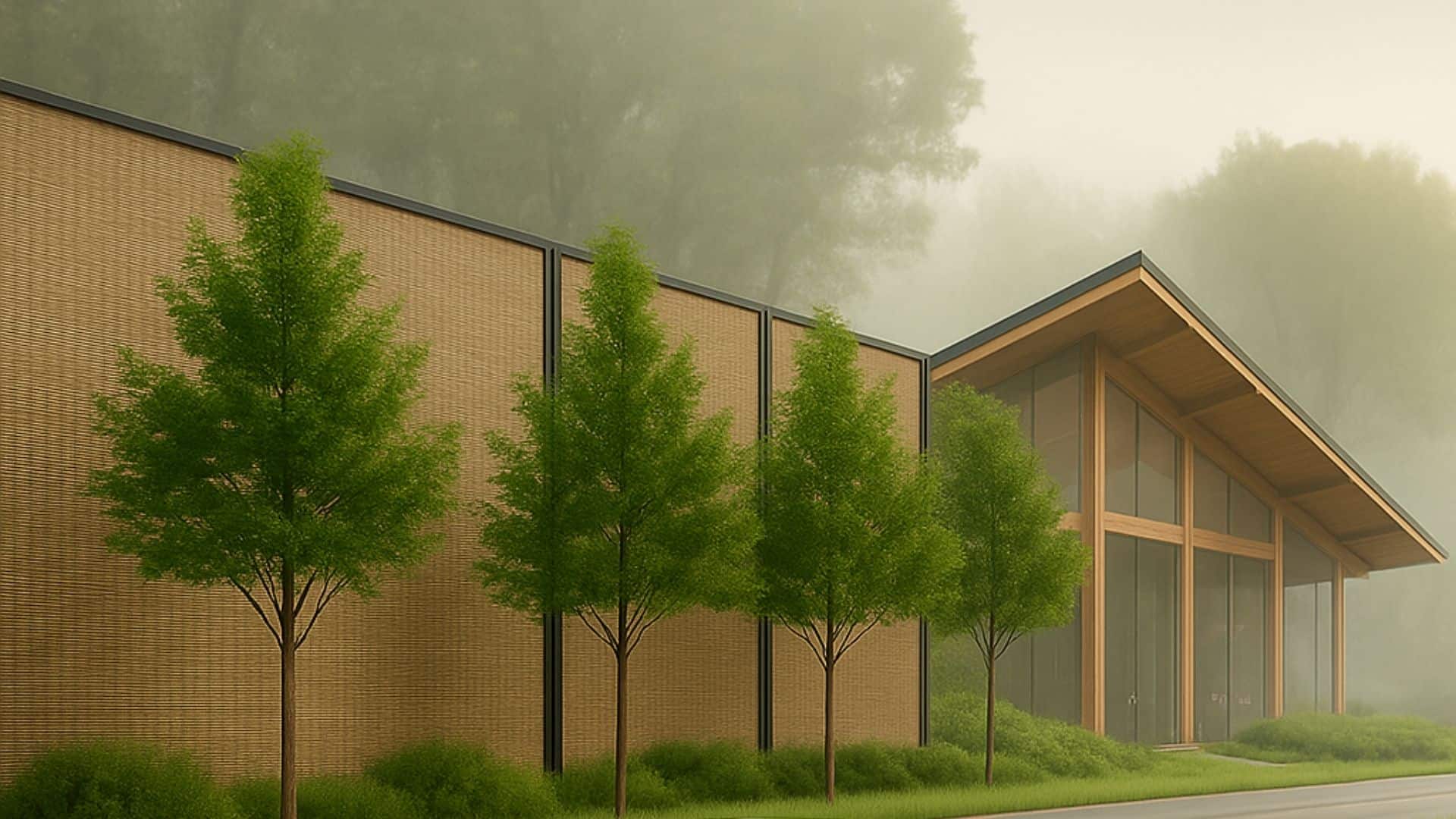 Modern headquarters-style building with woven architectural facade, wood-framed glass entry, native trees, and soft fog in a natural setting.