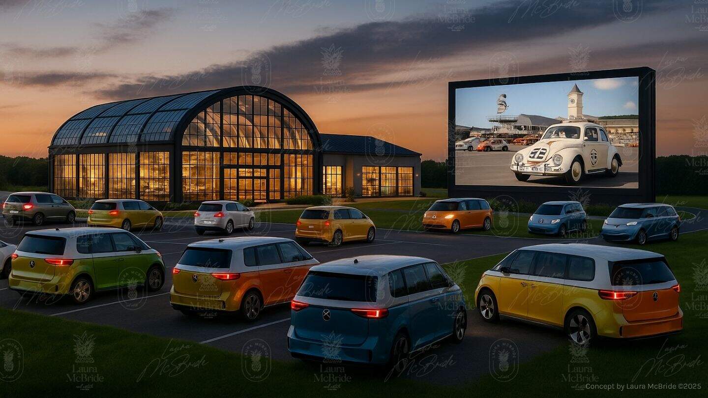 Electric vehicles parked at an evening drive-in movie event outside a modern arched-glass EV dealership, with Herbi the Lovebug playing