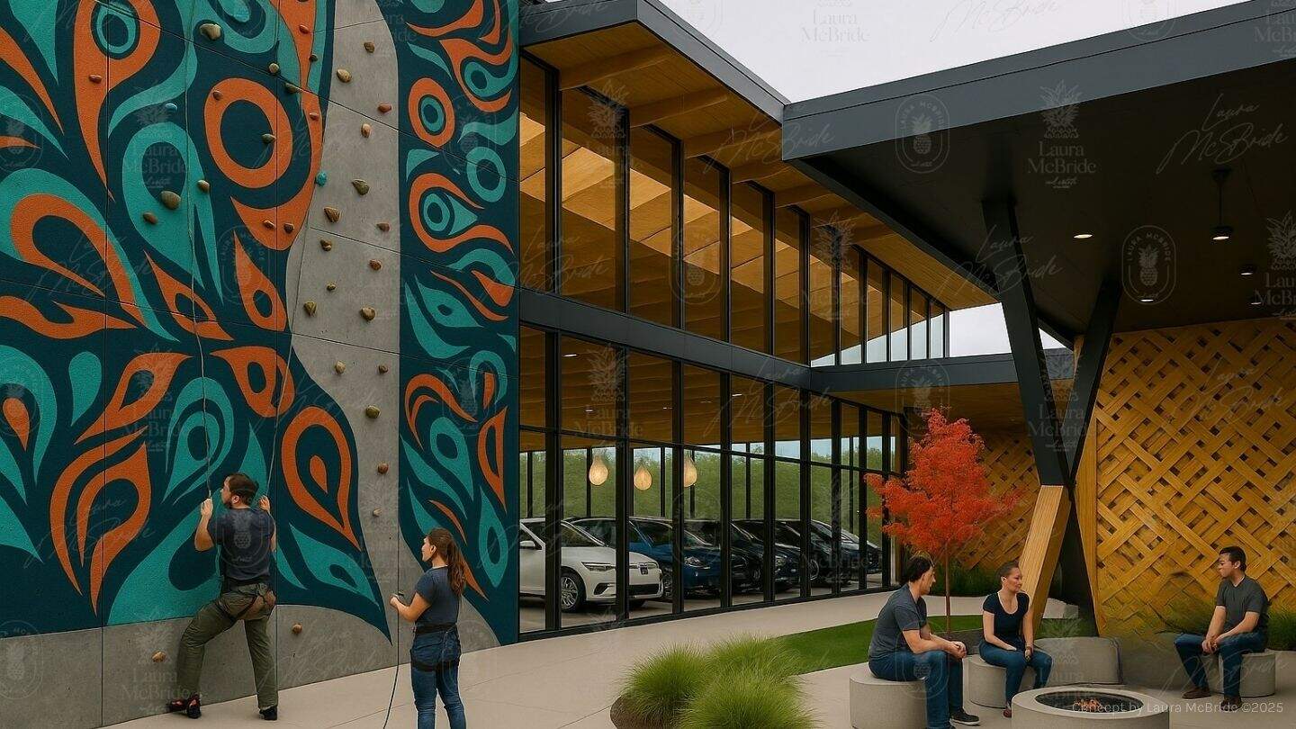 Modern experiential EV dealership courtyard with abstract Indigenous mural climbing wall, outdoor seating with firepit, and a fall-coloured red maple tree beside glass-walled Automotive showroom.