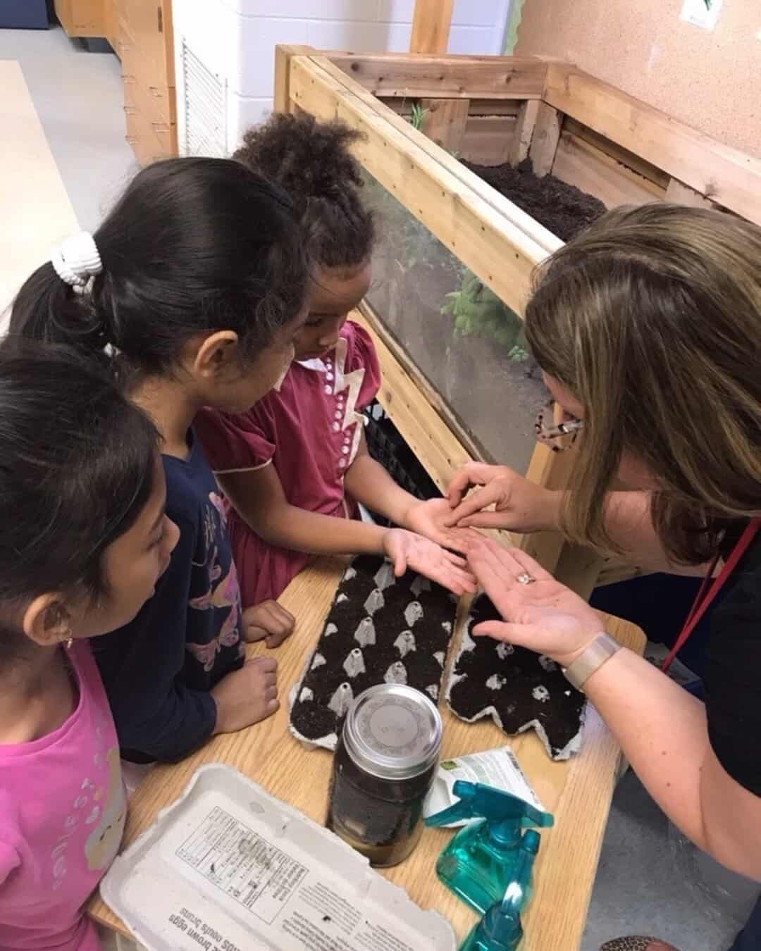 Laura McBride places tiny seeds in the hands of grade 1 students. 