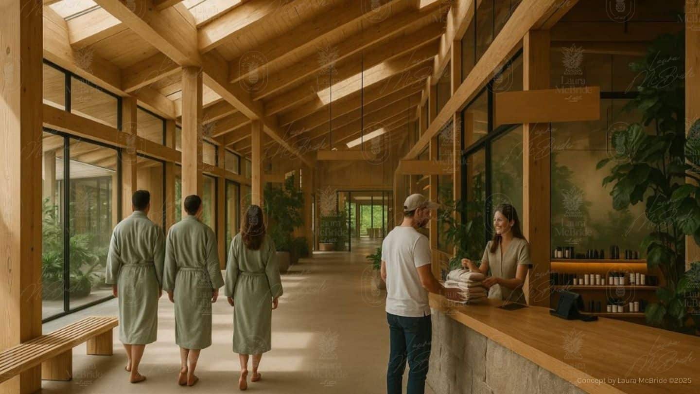 Guests in robes walk through a timber-framed low impact spa corridor lined with plants, while a staff member at the reception counter greets a new visitor.