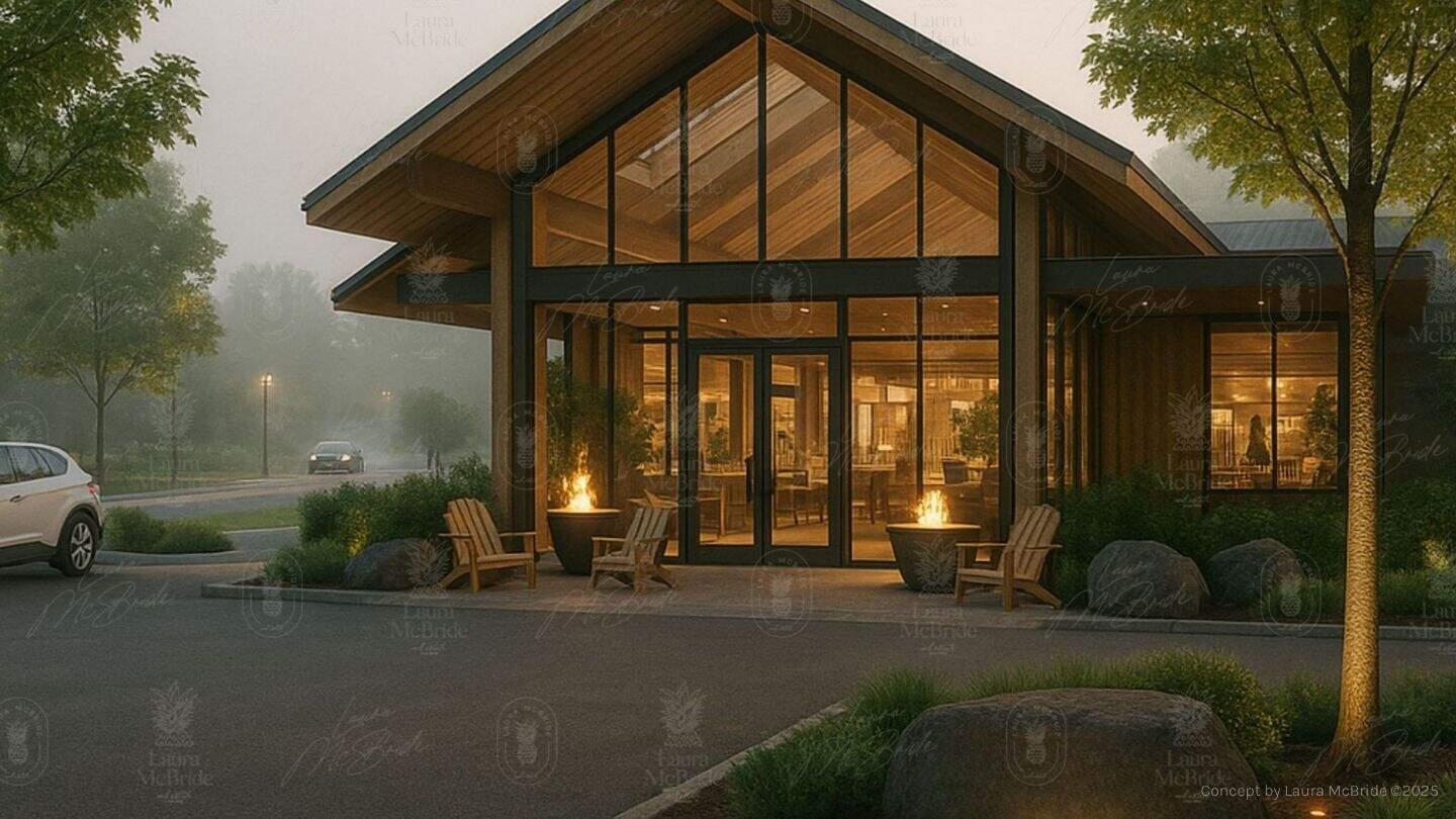 Low impact spa exterior concept with timber architecture, glass facade, fire bowls, and Adirondack chairs at dusk.