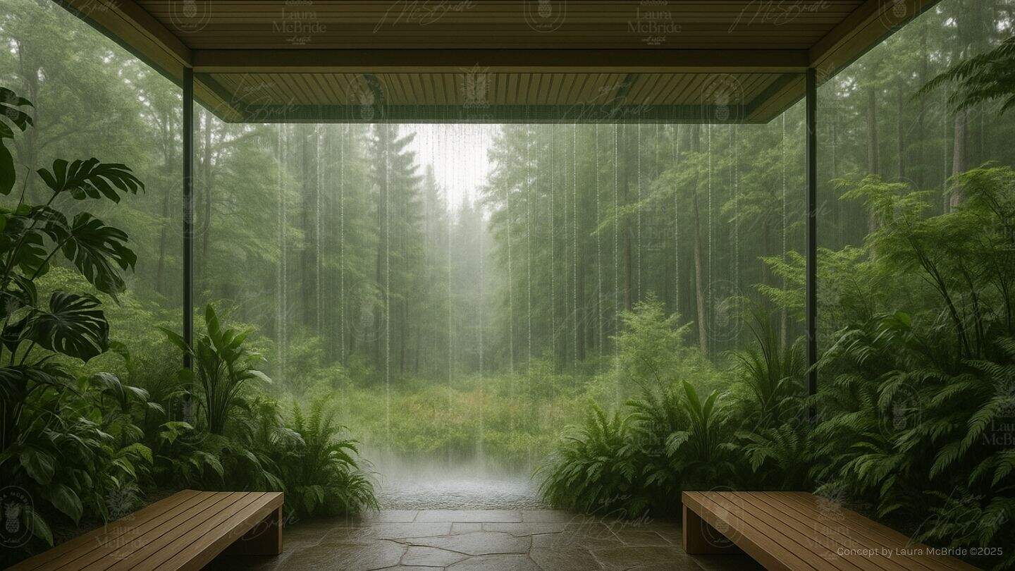 Minimalist covered pavilion with wooden benches, surrounded by lush greenery and a curtain of rainfall framing a misty forest backdrop in a low impact spa sensory immersion chamber.
