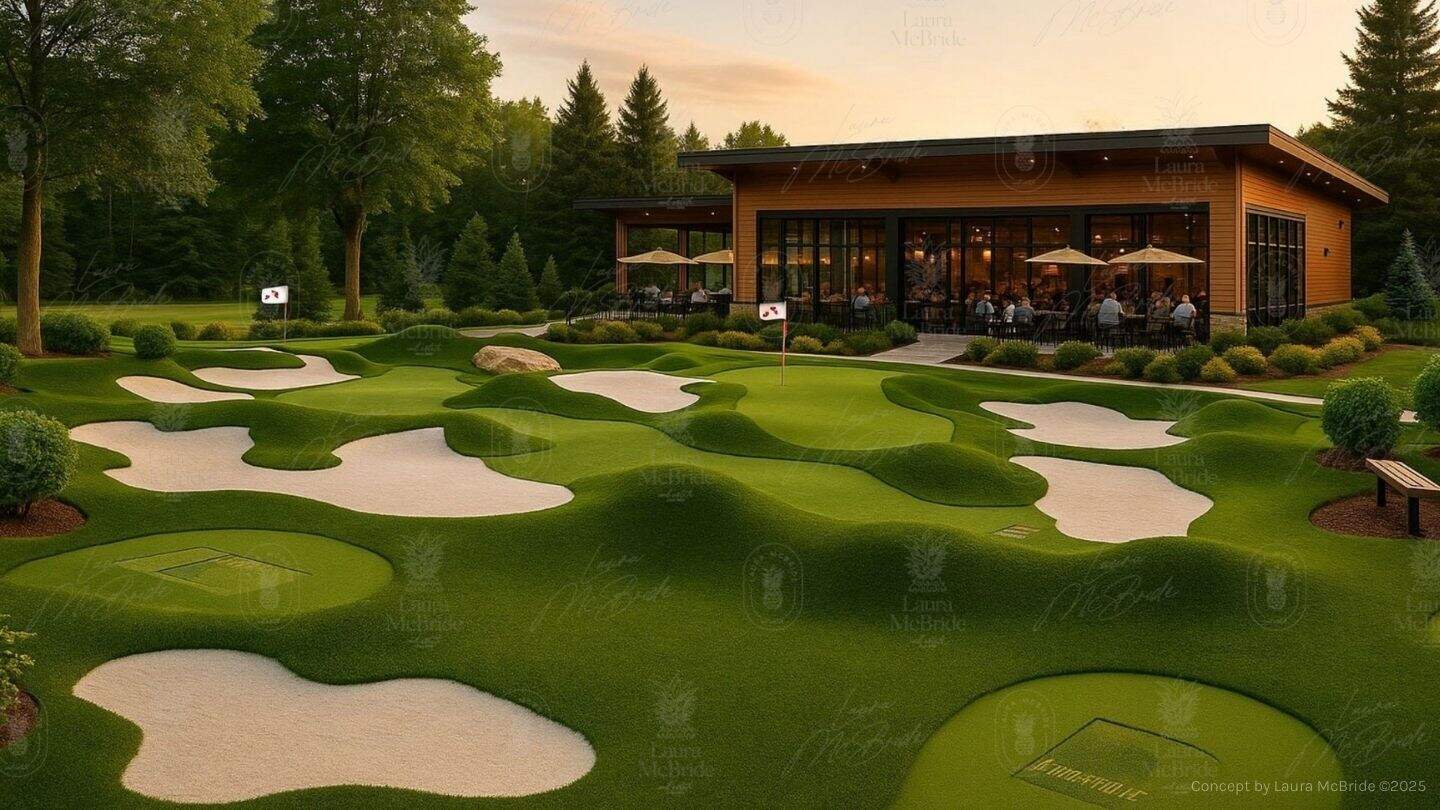 Luxury miniature golf and putting experience. Challenging putting course with sculpted green terrain, white sand features, and a modern wood-clad clubhouse with patio dining, surrounded by mature trees at sunset.