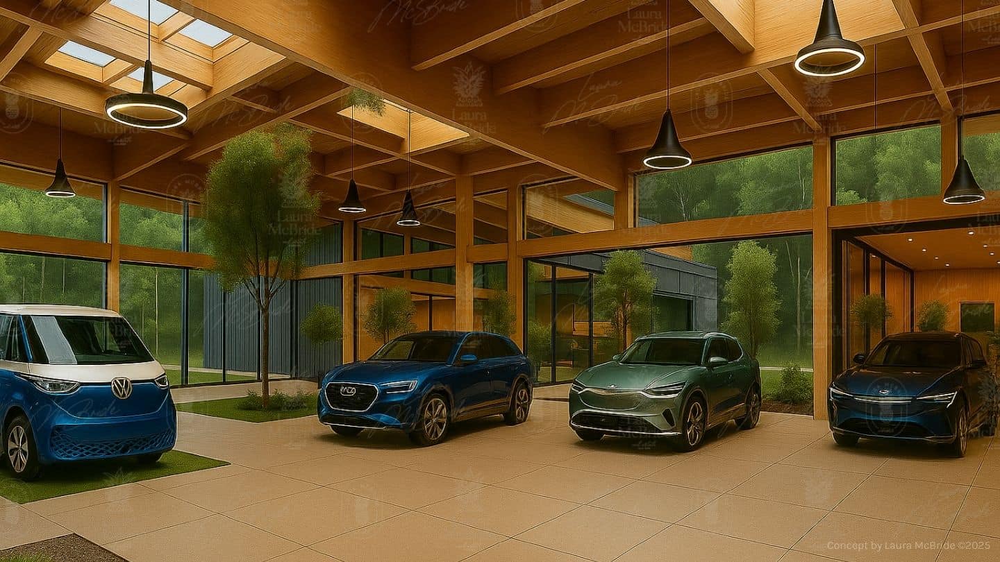 A modern EV dealership showroom featuring multiple electric vehicles from different brands, with skylights, wood beam ceilings, and indoor trees.