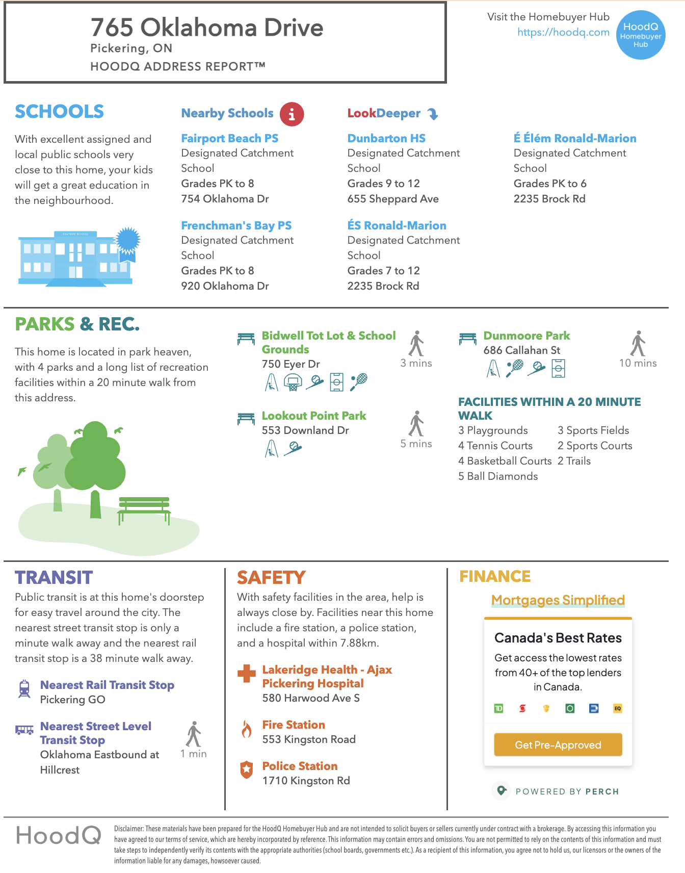 Infographic showing nearby schools, parks, transit, safety services, and mortgage info for 765 Oklahoma Drive, Pickering.