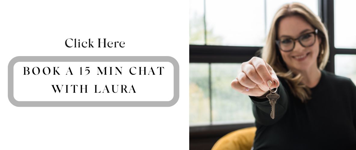 Laura McBride smiles, holding house key with text overlay: "Book a 15 Min Chat with Laura"