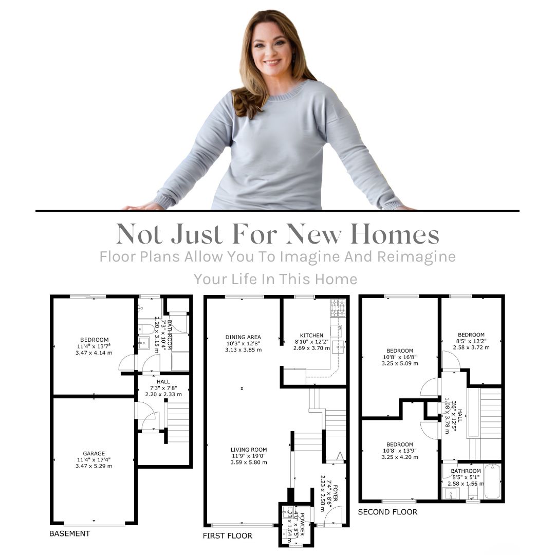Three-level floor plan for 765 Oklahoma Dr. Unit 10, featuring Laura McBride above with tagline “Not Just for New Homes.”