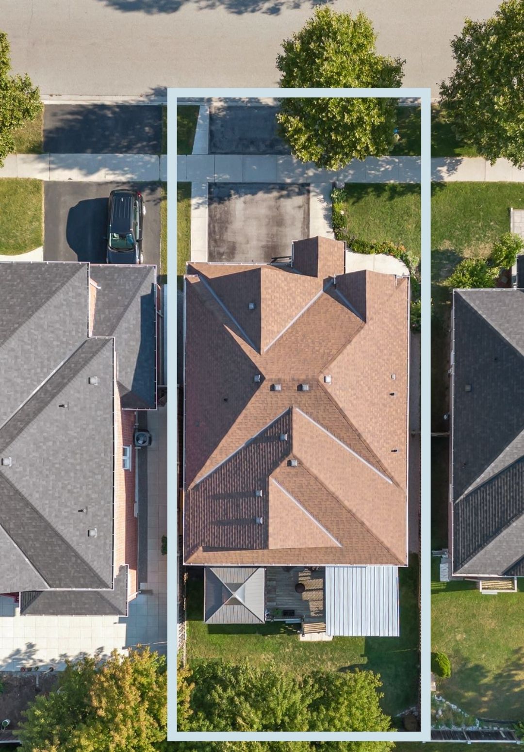 Aerial view of 14 Sleepy Hollow Place in Whitby, Ontario, outlined with lot lines. The raised bungalow, driveway, backyard deck, and gazebo are clearly visible.