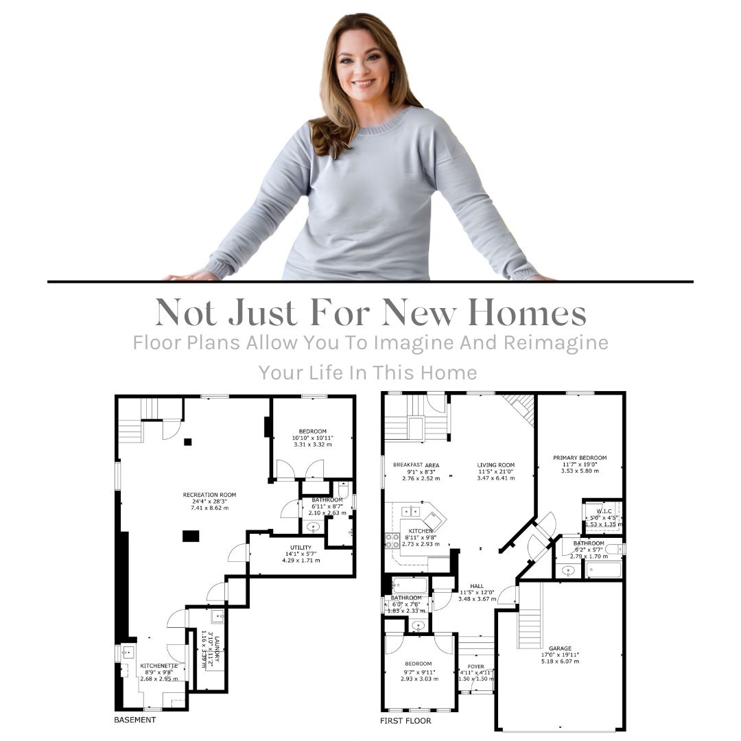 Marketing image featuring Laura McBride above detailed floor plans for 14 Sleepy Hollow Place in Whitby, Ontario. Floor plans show basement and first floor layouts with bedrooms, bathrooms, kitchen, living spaces, and recreation room.