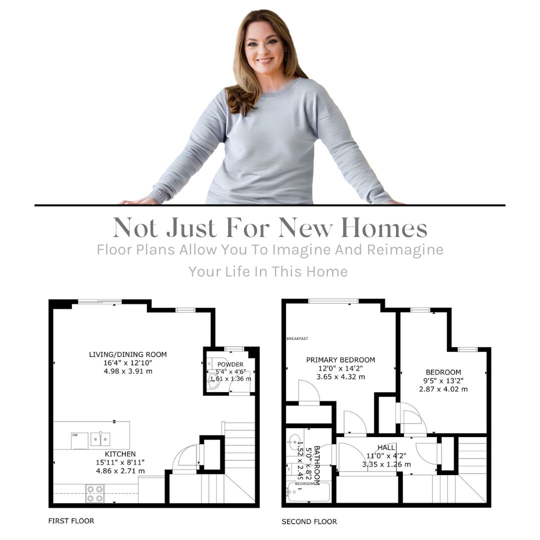 Marketing image featuring Laura McBride above detailed floor plans for 14 Sleepy Hollow Place in Whitby, Ontario. Floor plans show basement and first floor layouts with bedrooms, bathrooms, kitchen, living spaces, and recreation room.