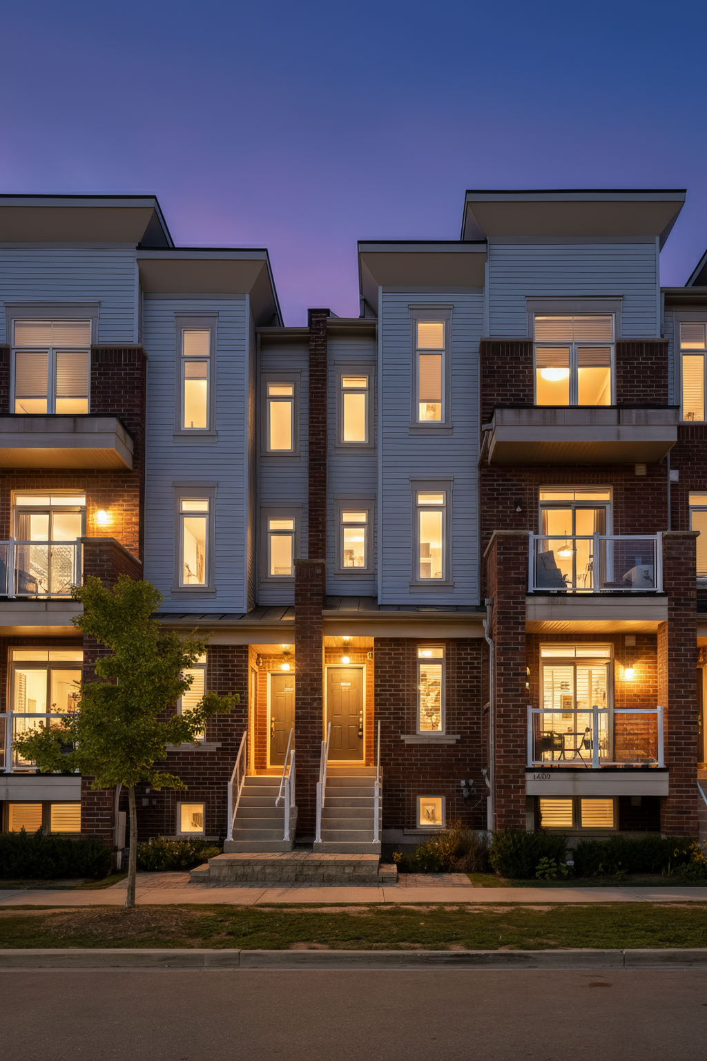 Modern stacked townhouse exterior at dusk in Duffin Heights at 2598 William Jackson Drive Pickering, showcasing brick and siding design with warm lights and balconies.